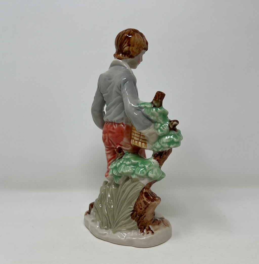 Hand Painted Vintage Porcelain Boy Figurine, Fruit Basket, Fine Bone China