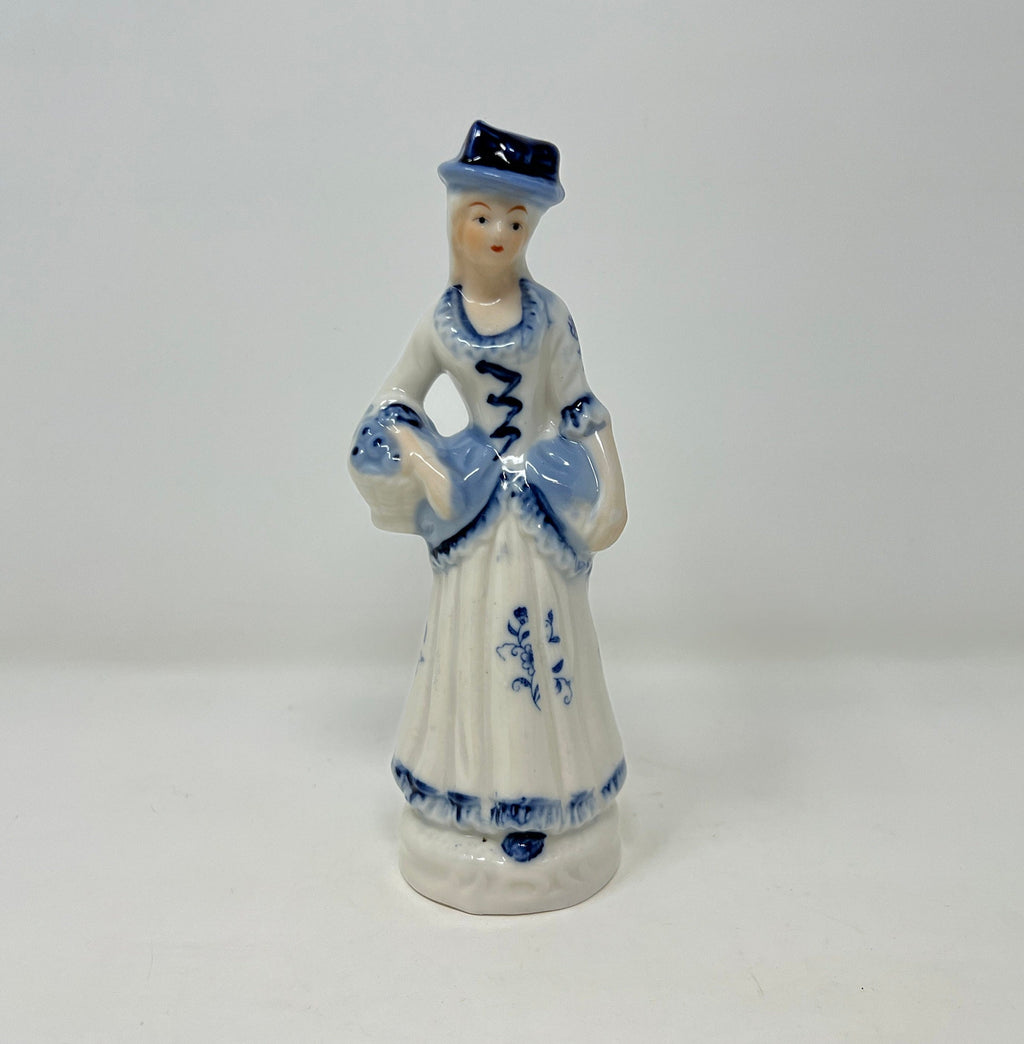 Vintage Blue and White Porcelain Lady Figurine, Hand Painted Bone China Decor