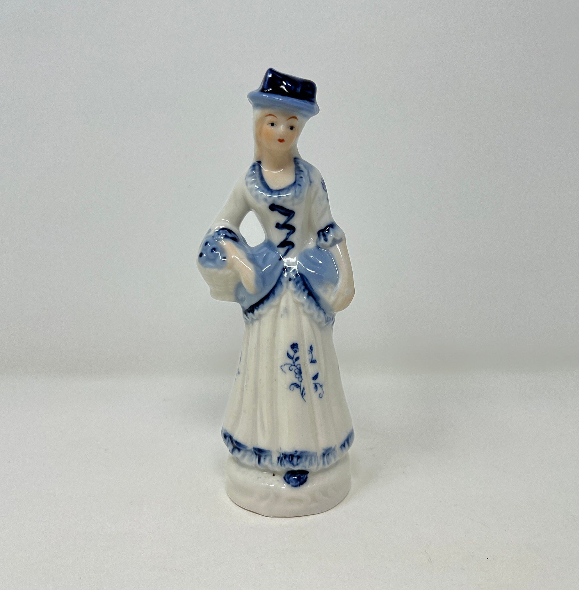 Vintage Blue and White Porcelain Lady Figurine, Hand Painted Bone China Decor