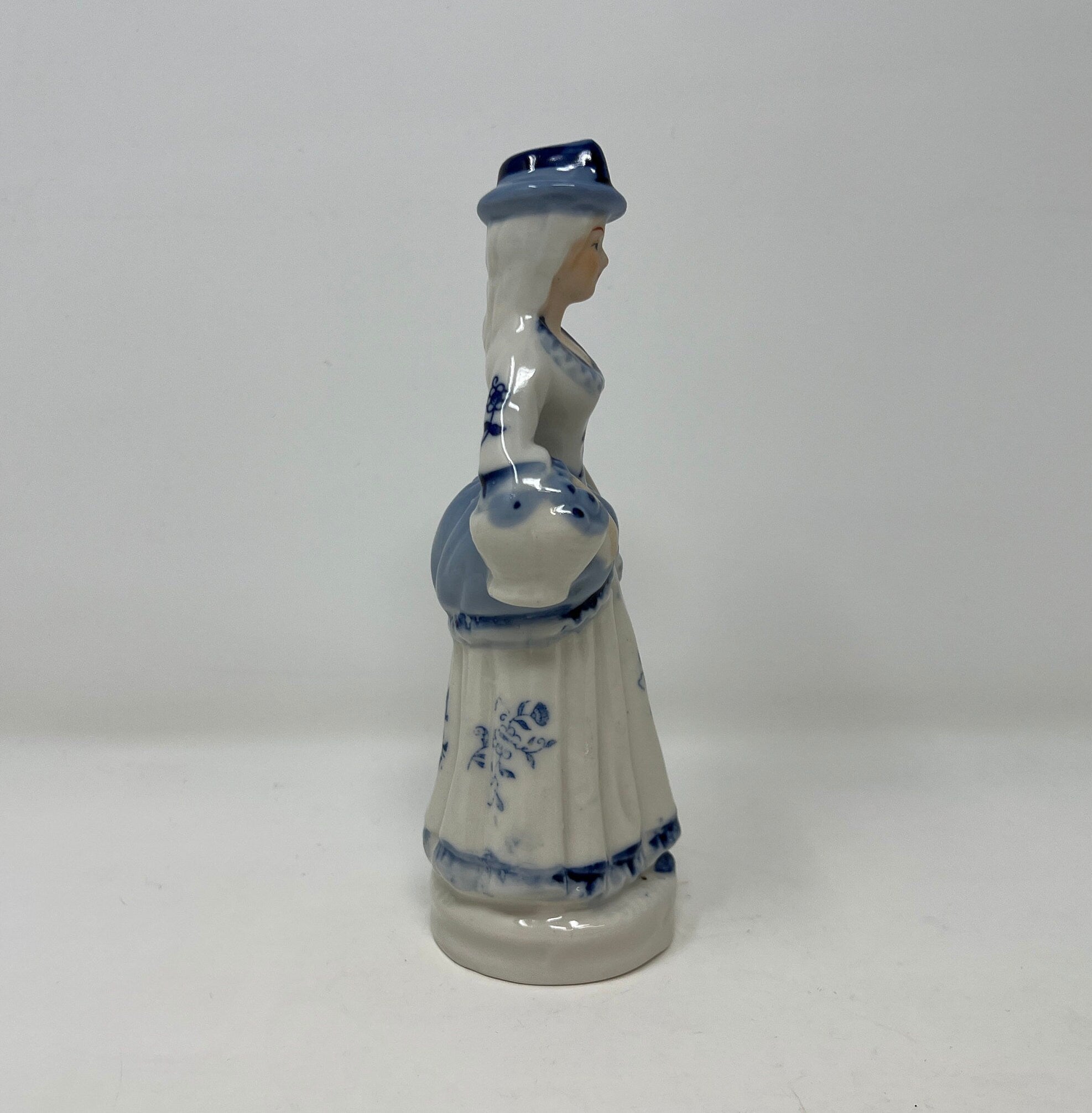 Vintage Blue and White Porcelain Lady Figurine, Hand Painted Bone China Decor