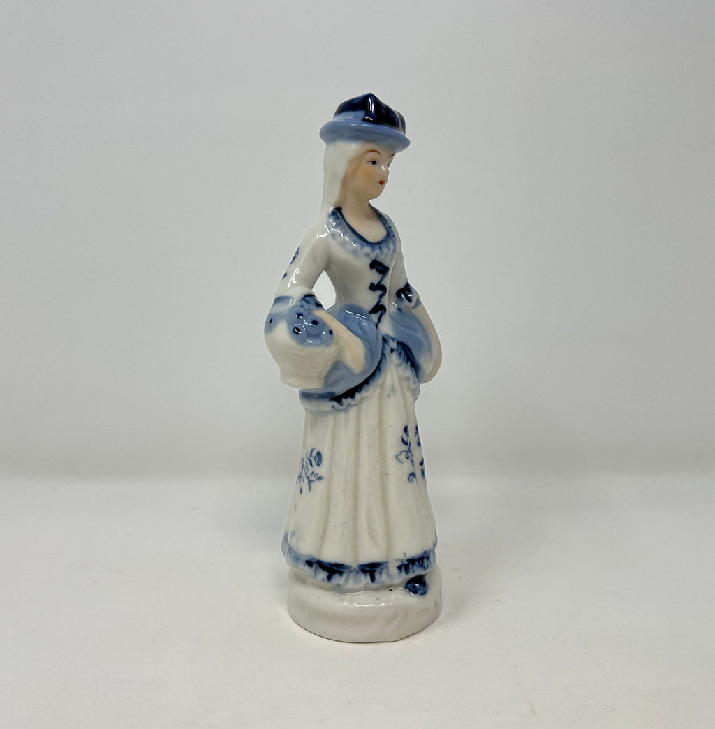Vintage Blue and White Porcelain Lady Figurine, Hand Painted Bone China Decor