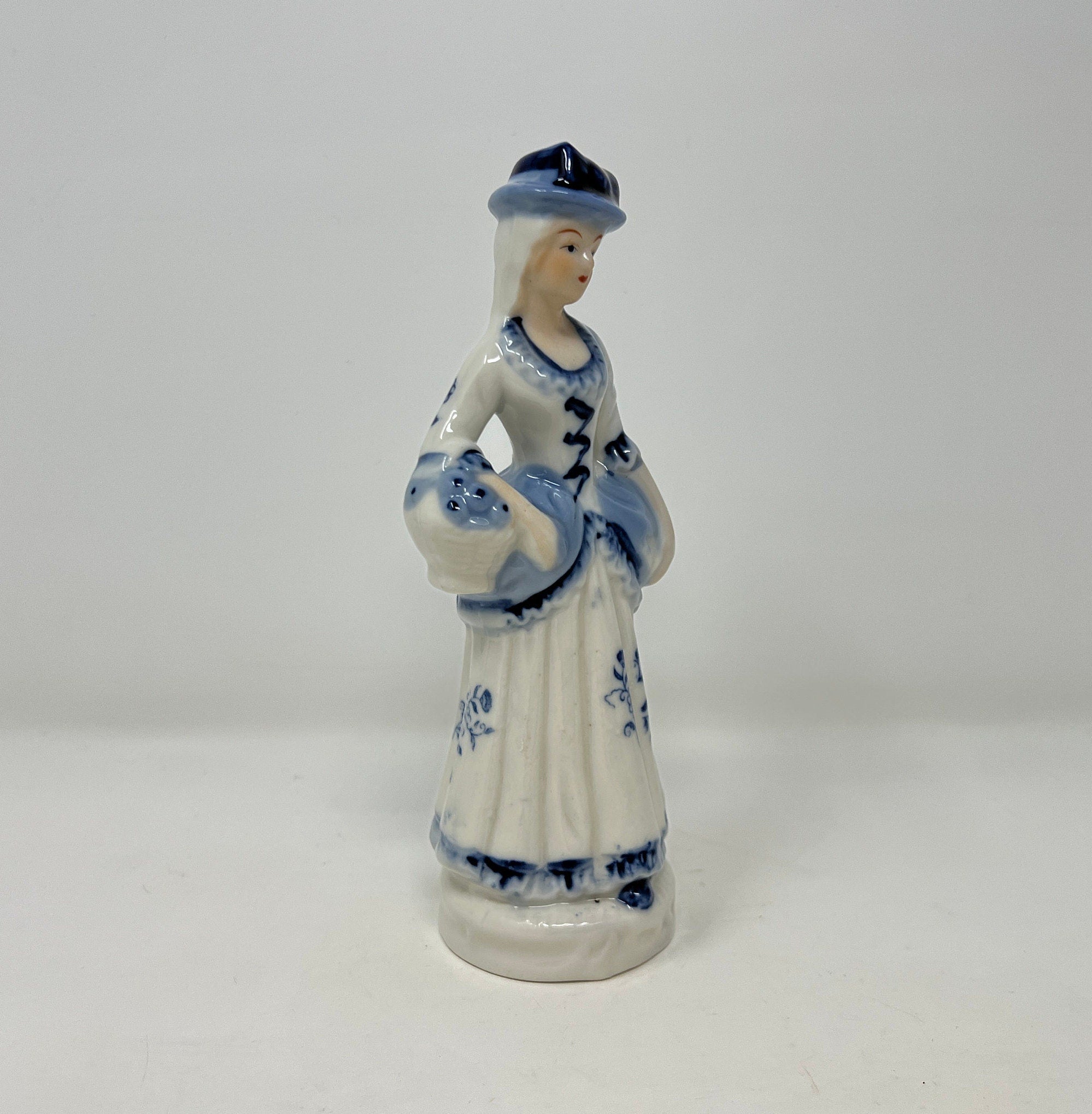 Vintage Blue and White Porcelain Lady Figurine, Hand Painted Bone China Decor