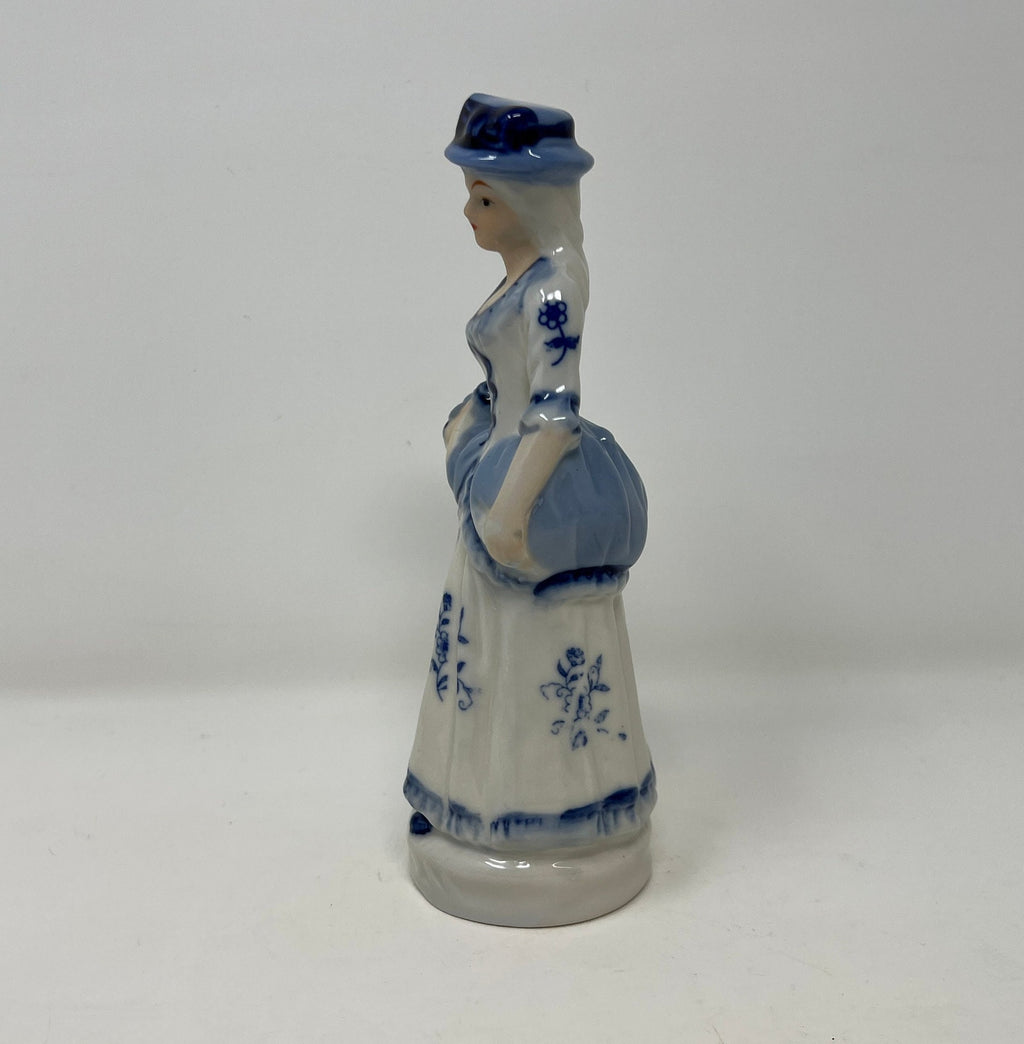 Vintage Blue and White Porcelain Lady Figurine, Hand Painted Bone China Decor