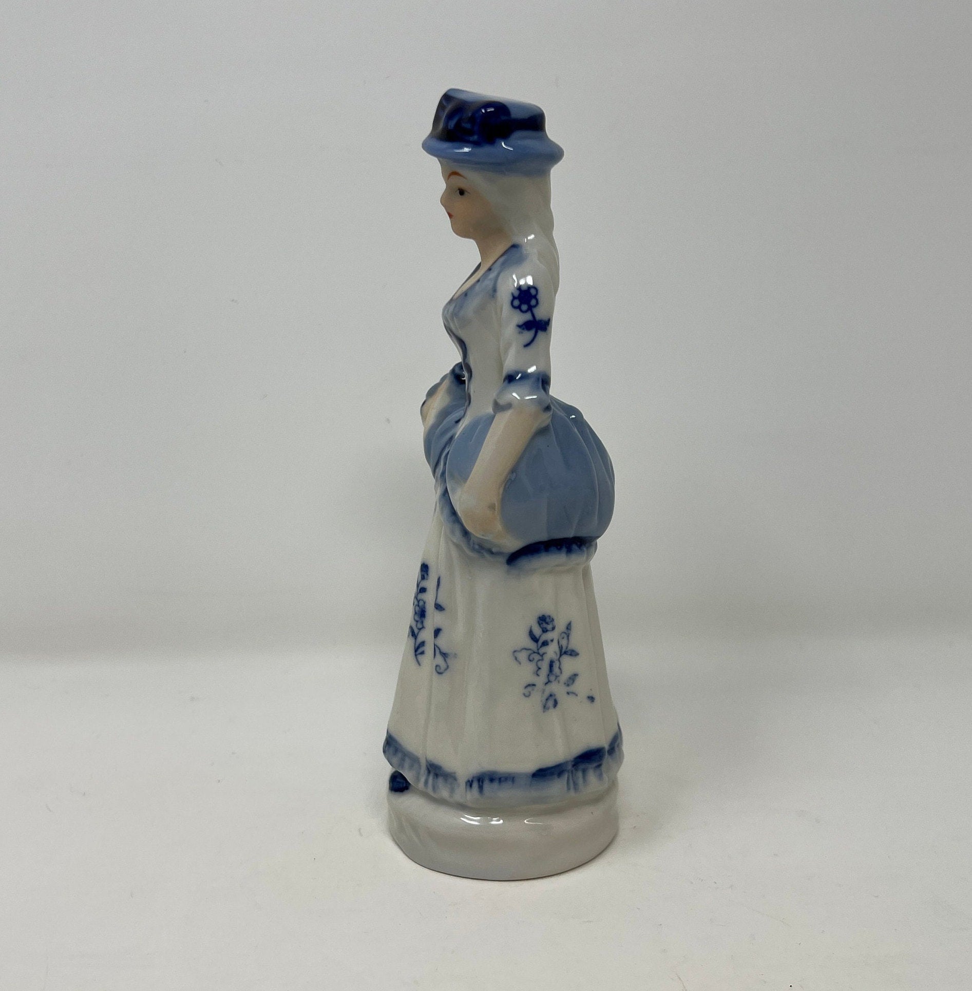 Vintage Blue and White Porcelain Lady Figurine, Hand Painted Bone China Decor