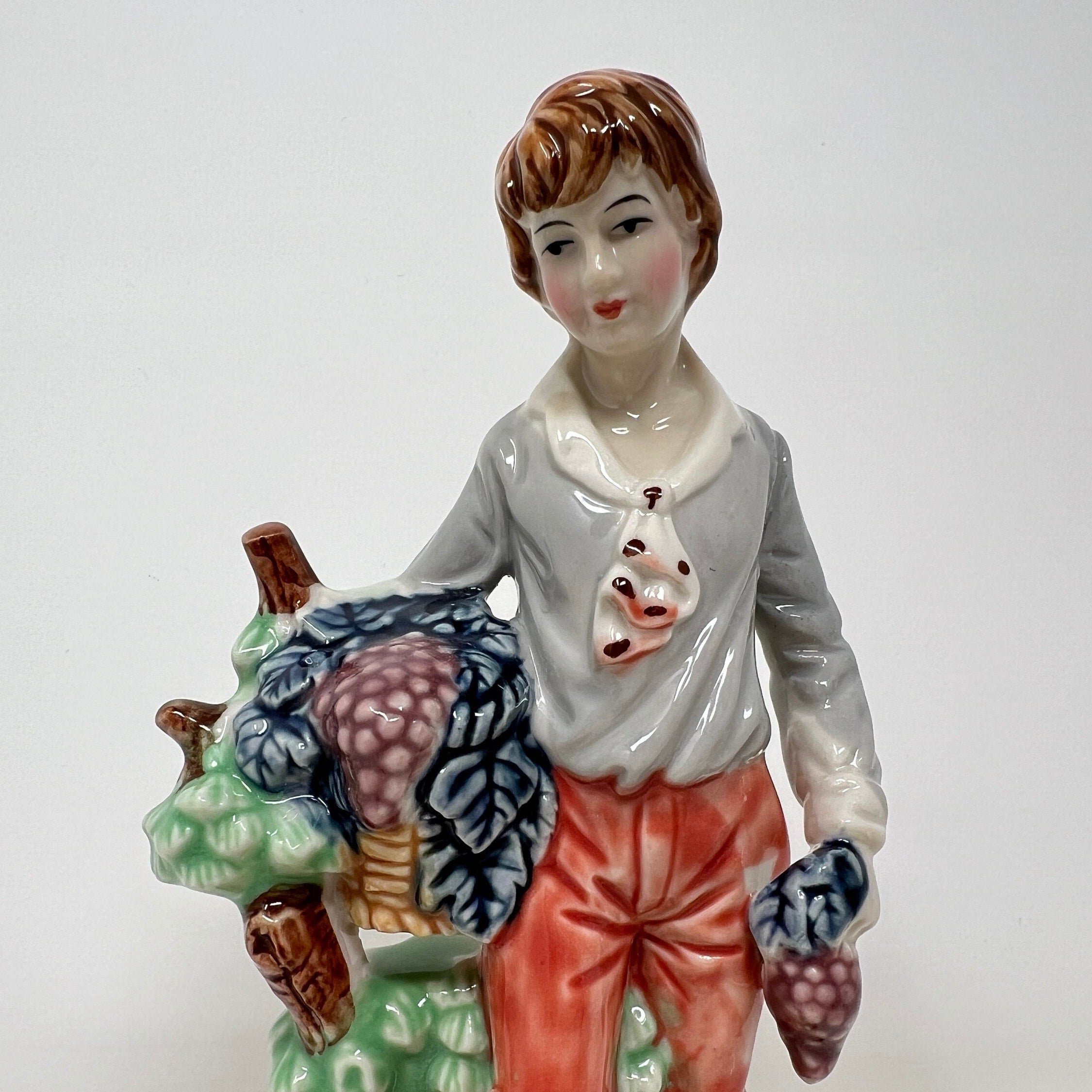 Hand Painted Vintage Porcelain Boy Figurine, Fruit Basket, Fine Bone China