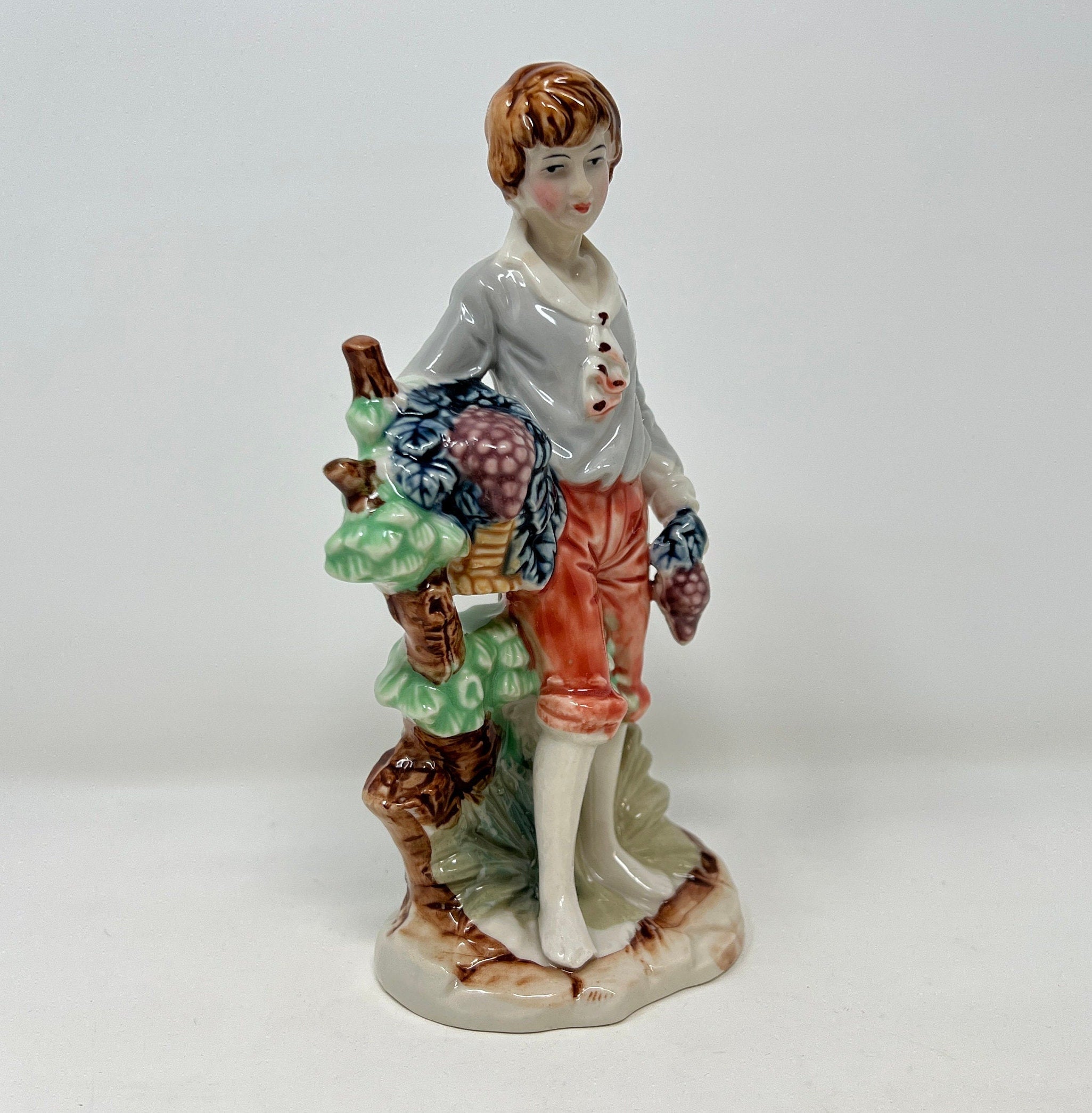 Hand Painted Vintage Porcelain Boy Figurine, Fruit Basket, Fine Bone China
