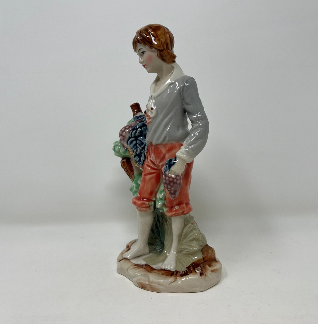 Hand Painted Vintage Porcelain Boy Figurine, Fruit Basket, Fine Bone China
