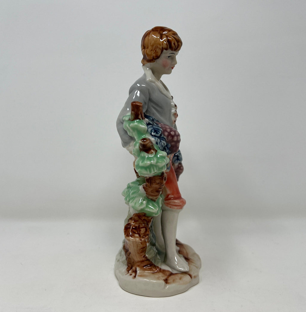 Hand Painted Vintage Porcelain Boy Figurine, Fruit Basket, Fine Bone China