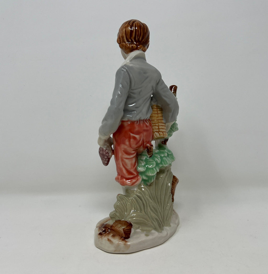 Hand Painted Vintage Porcelain Boy Figurine, Fruit Basket, Fine Bone China