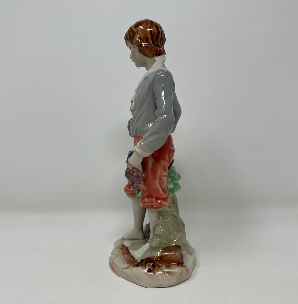 Hand Painted Vintage Porcelain Boy Figurine, Fruit Basket, Fine Bone China