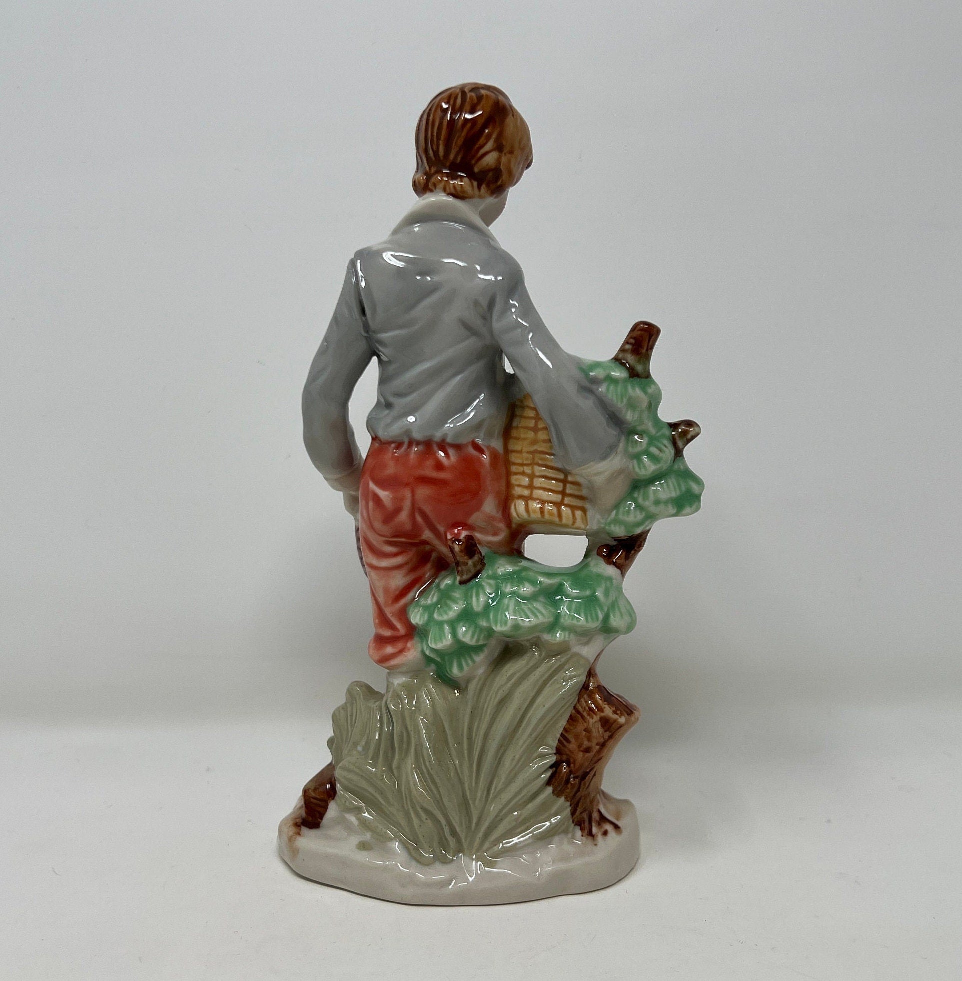 Hand Painted Vintage Porcelain Boy Figurine, Fruit Basket, Fine Bone China