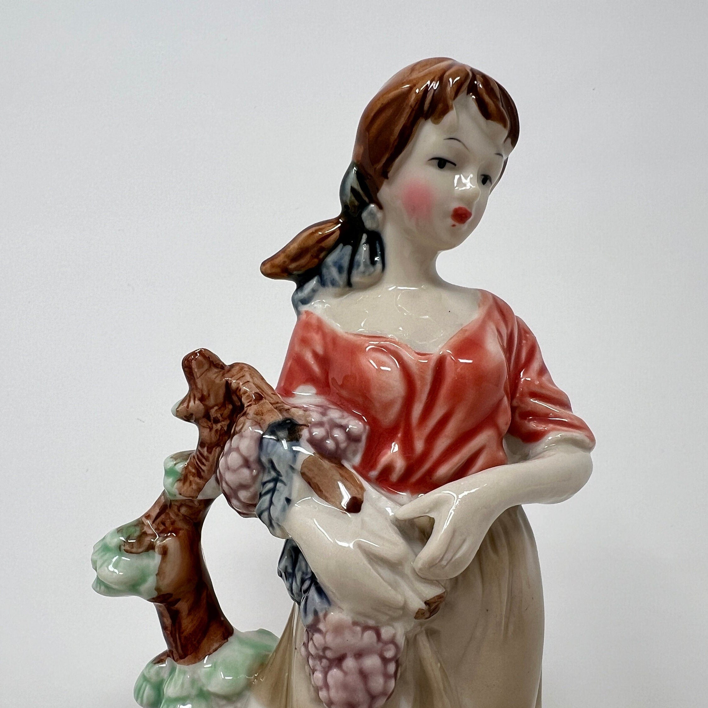 Artmark Glazed Ceramic Figurine, Girl with Grapes, Vintage Porcelain