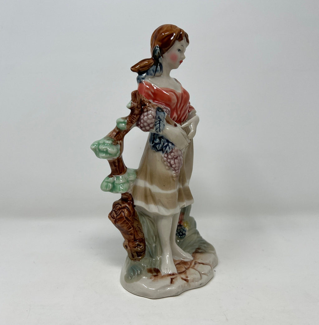 Artmark Glazed Ceramic Figurine, Girl with Grapes, Vintage Porcelain