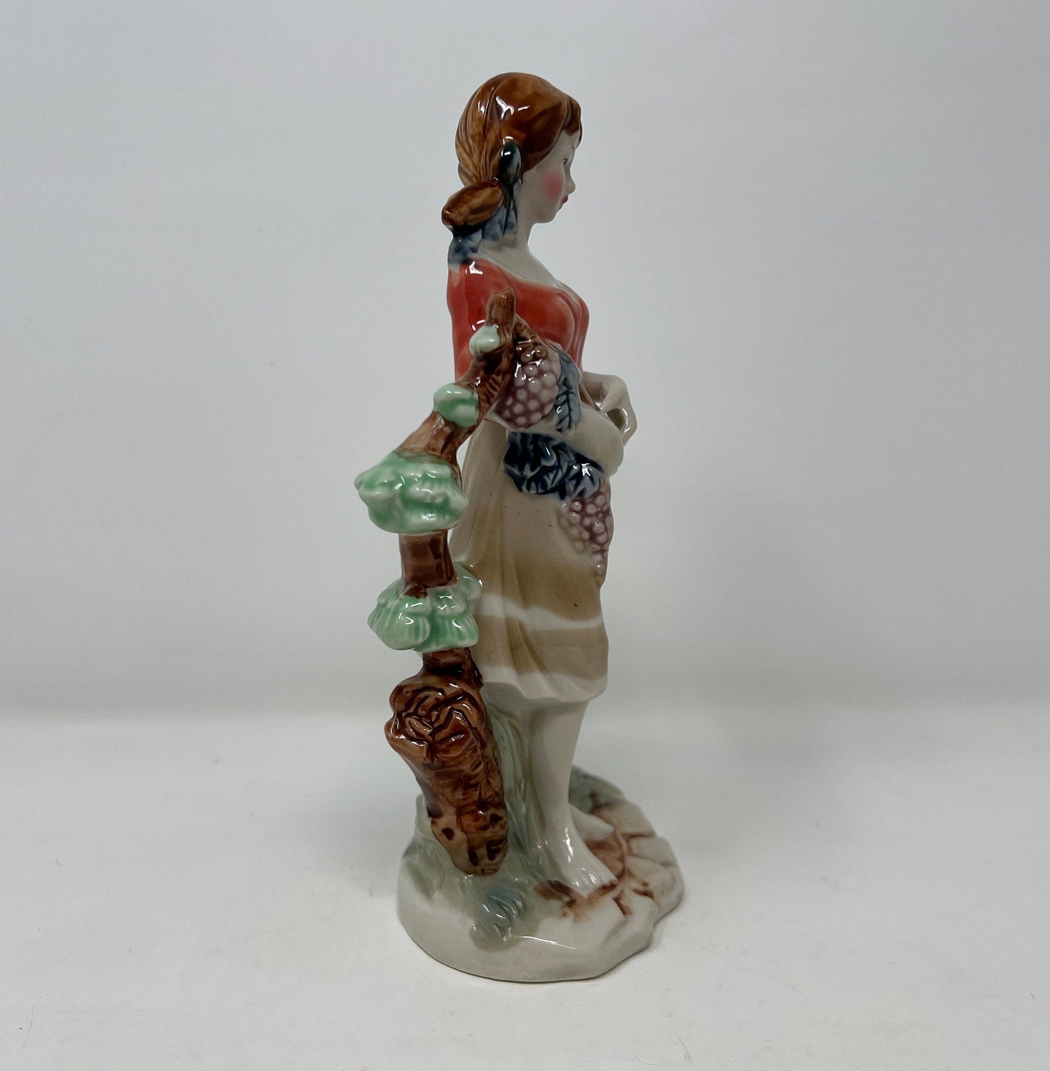 Artmark Glazed Ceramic Figurine, Girl with Grapes, Vintage Porcelain