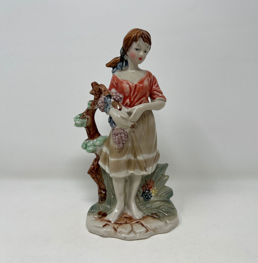Artmark Glazed Ceramic Figurine, Girl with Grapes, Vintage Porcelain