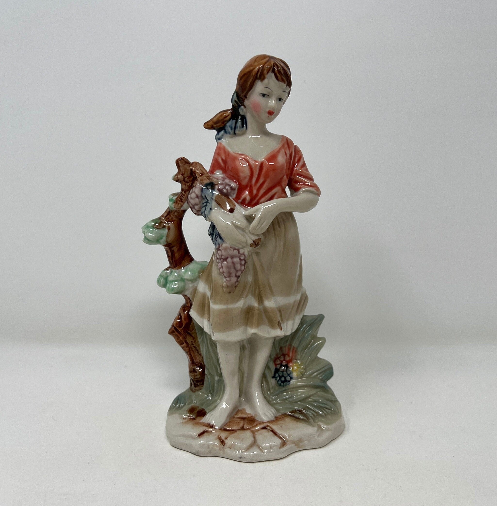 Artmark Glazed Ceramic Figurine, Girl with Grapes, Vintage Porcelain