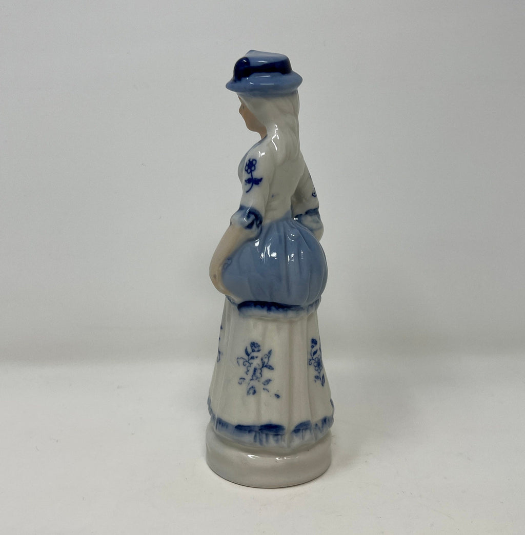 Vintage Blue and White Porcelain Lady Figurine, Hand Painted Bone China Decor