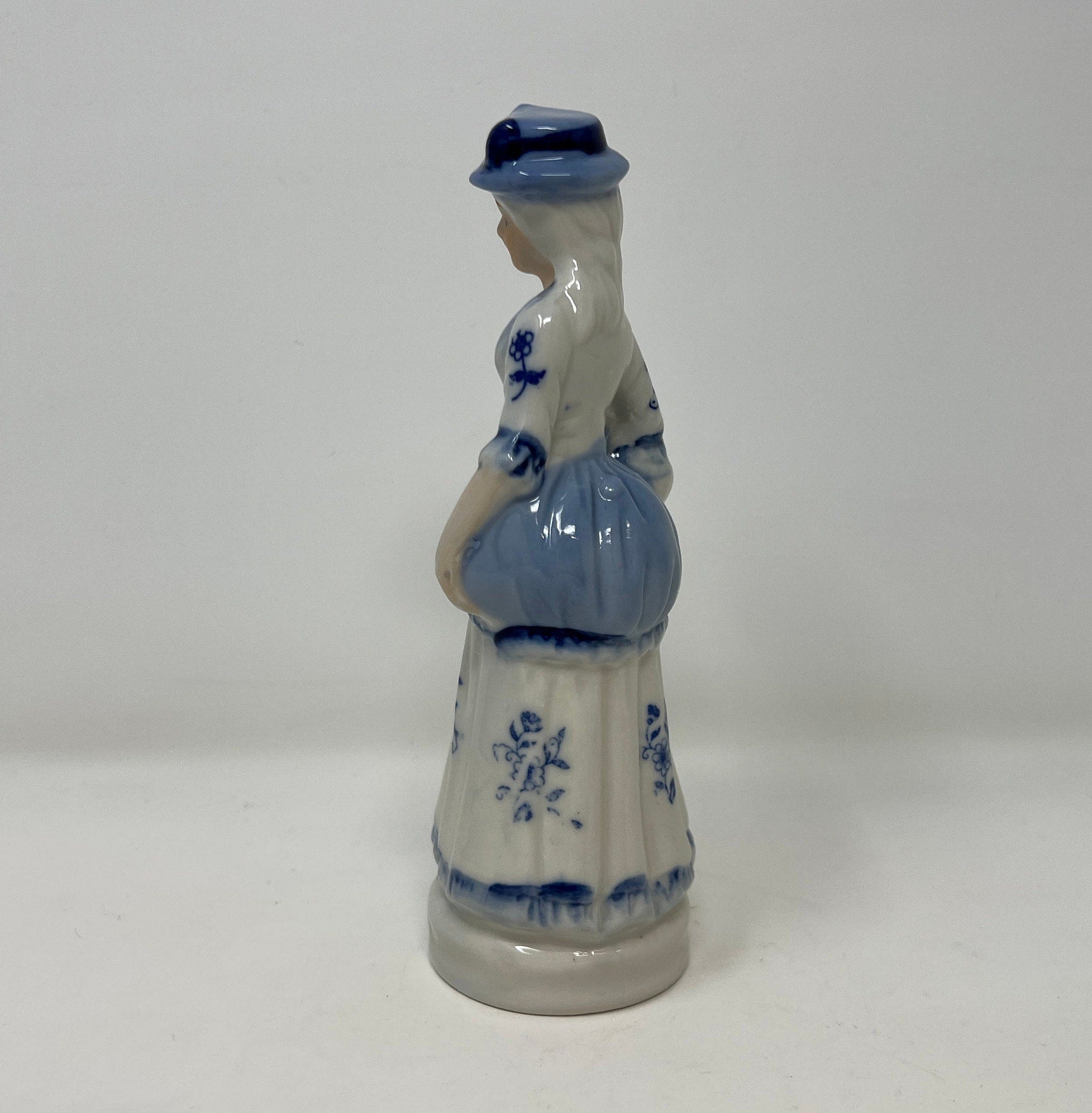 Vintage Blue and White Porcelain Lady Figurine, Hand Painted Bone China Decor