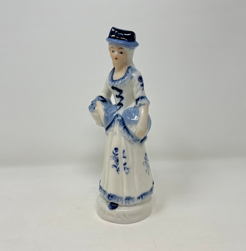Vintage Blue and White Porcelain Lady Figurine, Hand Painted Bone China Decor