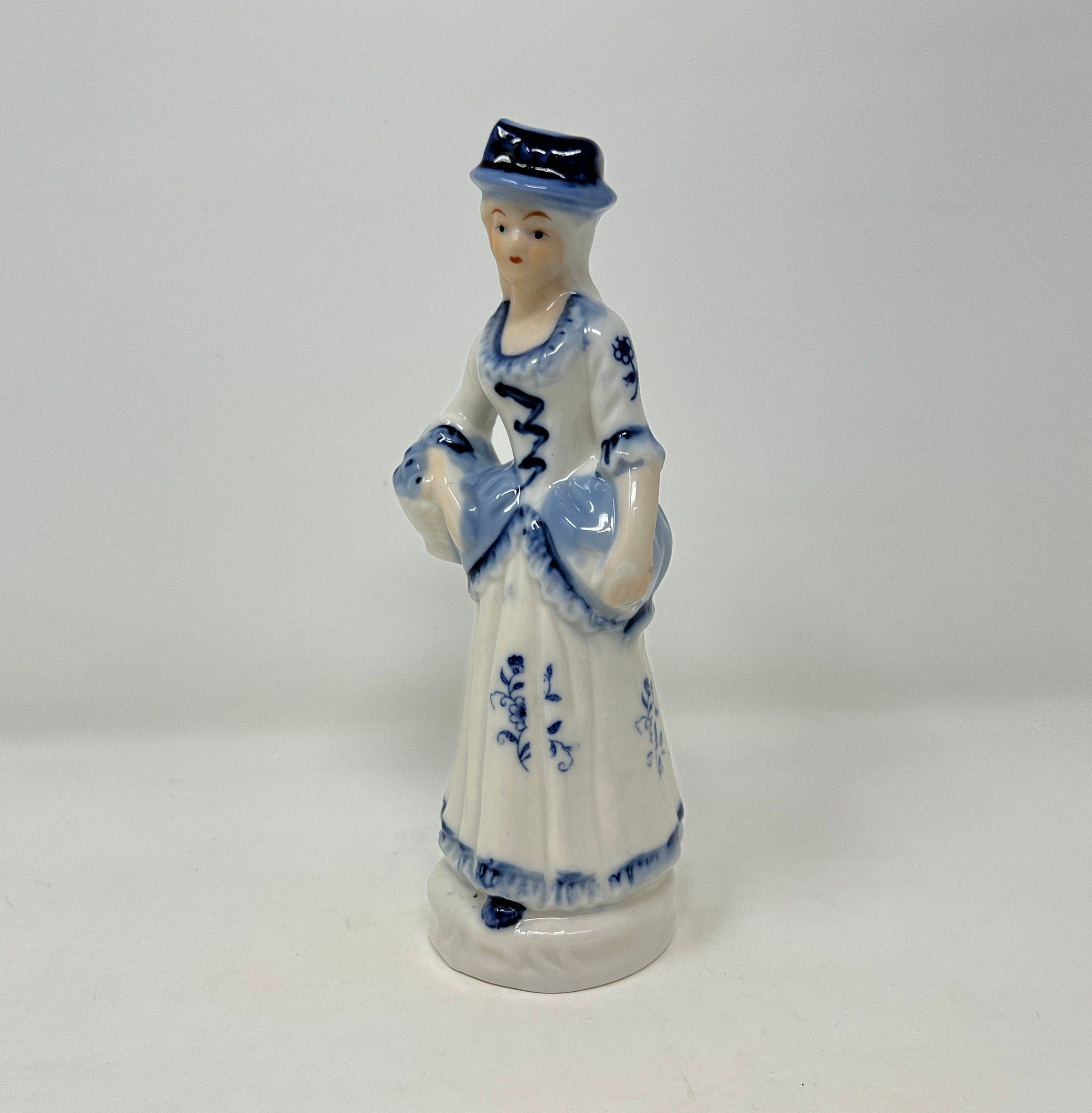 Vintage Blue and White Porcelain Lady Figurine, Hand Painted Bone China Decor