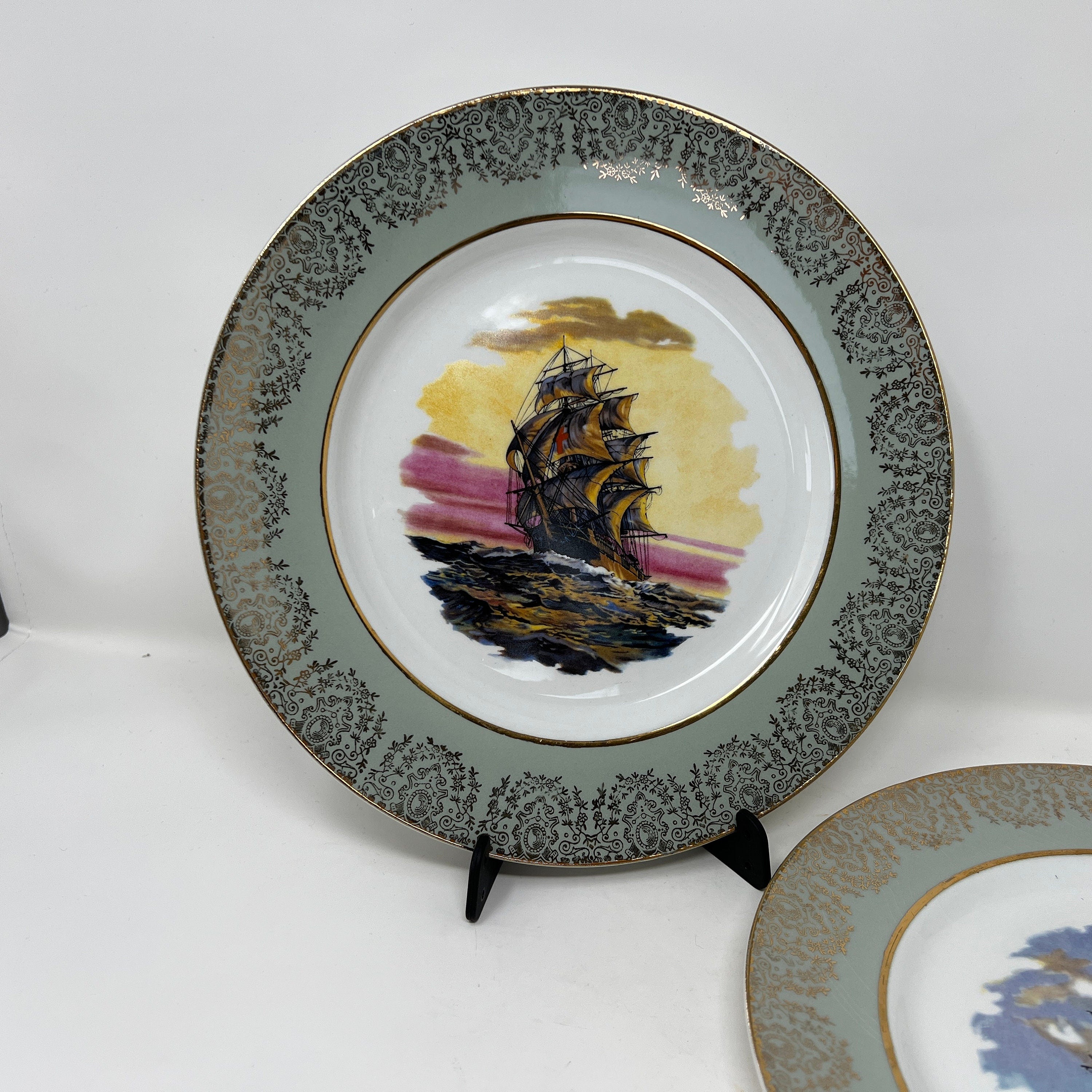 Vintage Grindley Ship Plate, Staffordshire Ironstone, Gold Trim