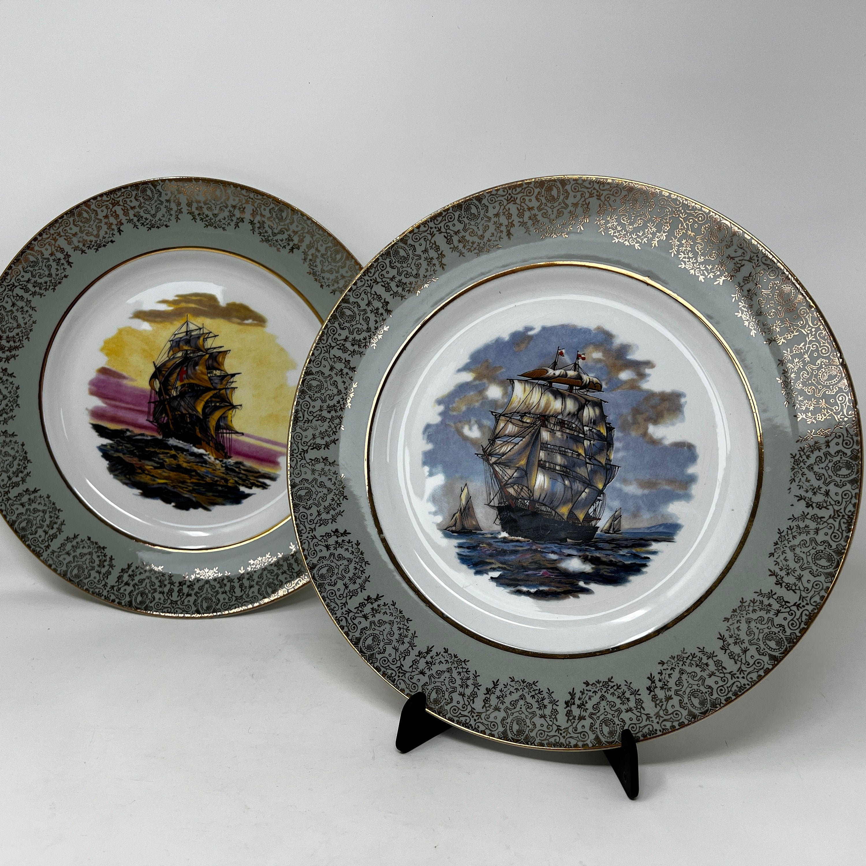 Vintage Grindley Ship Plate, Staffordshire Ironstone, Gold Trim