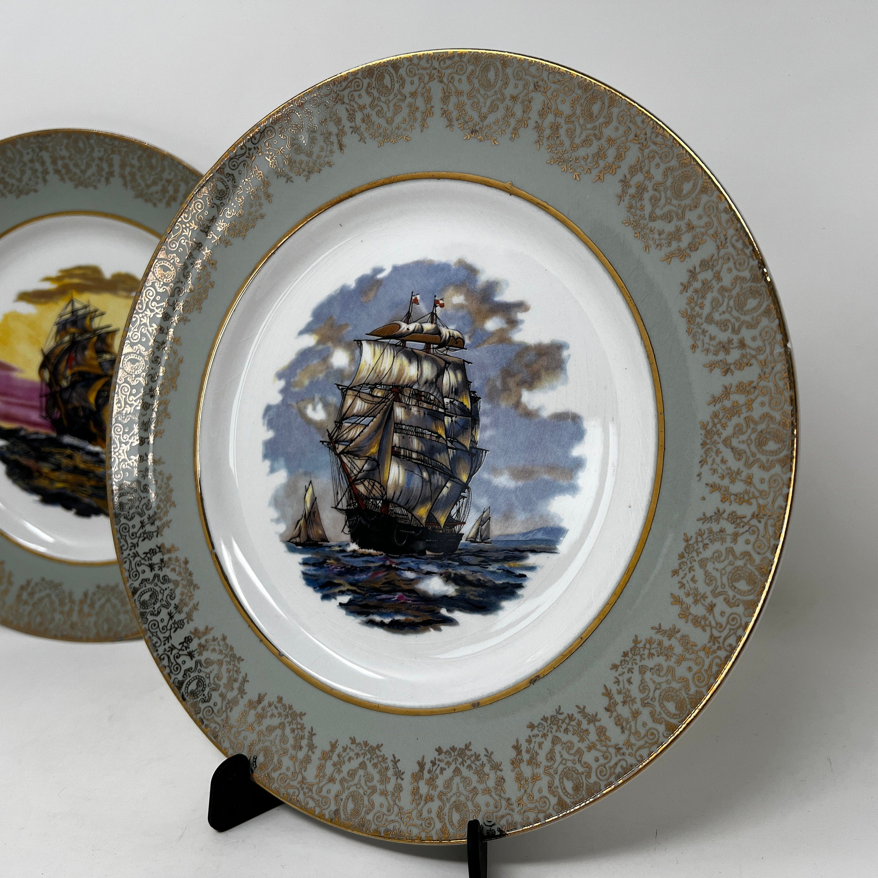 Vintage Grindley Ship Plate, Staffordshire Ironstone, Gold Trim