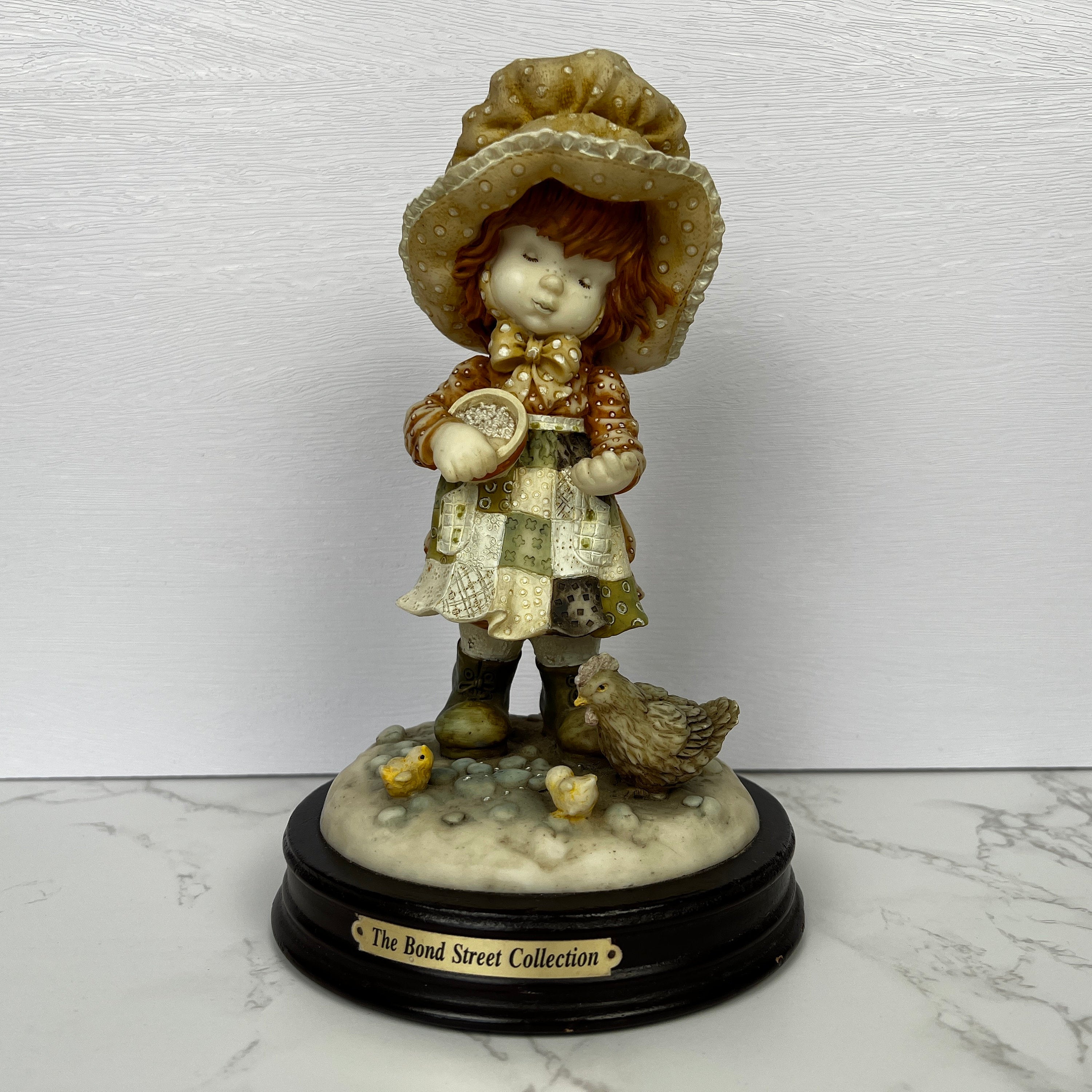 Vintage Anri Style Resin Figurine, Girl Feeding Chickens, The Bond Street Collection