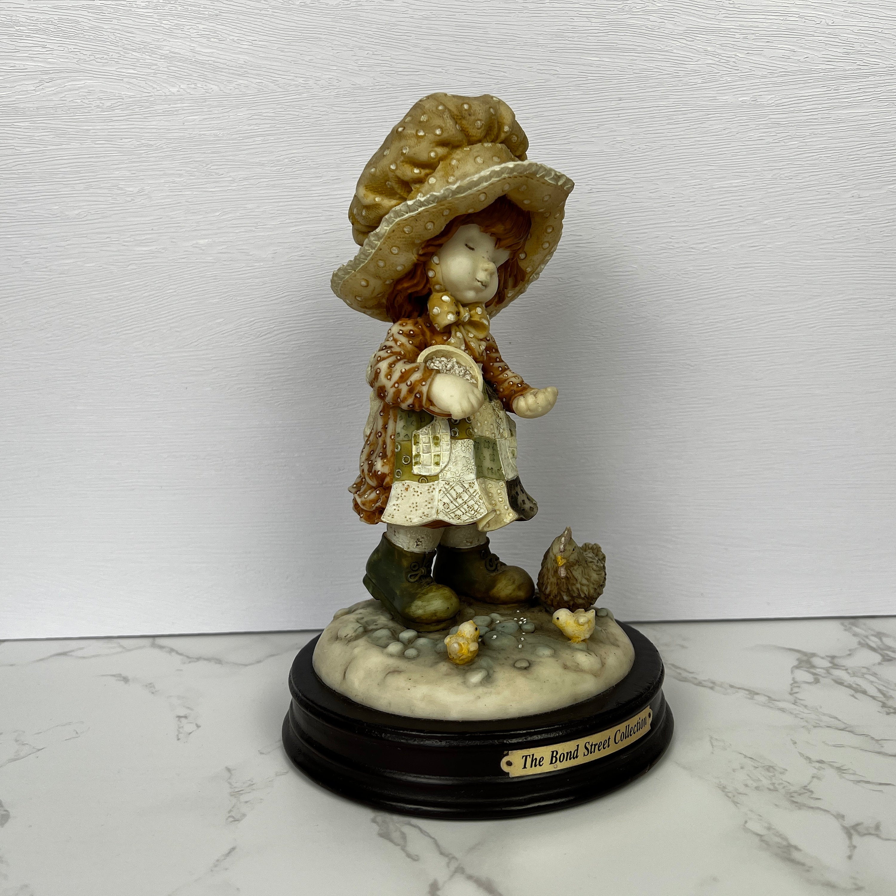 Vintage Anri Style Resin Figurine, Girl Feeding Chickens, The Bond Street Collection