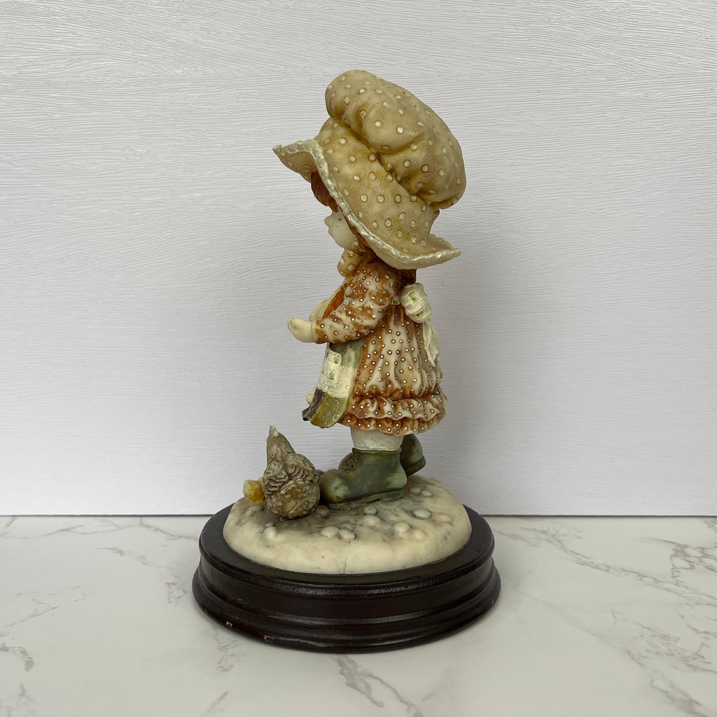Vintage Anri Style Resin Figurine, Girl Feeding Chickens, The Bond Street Collection