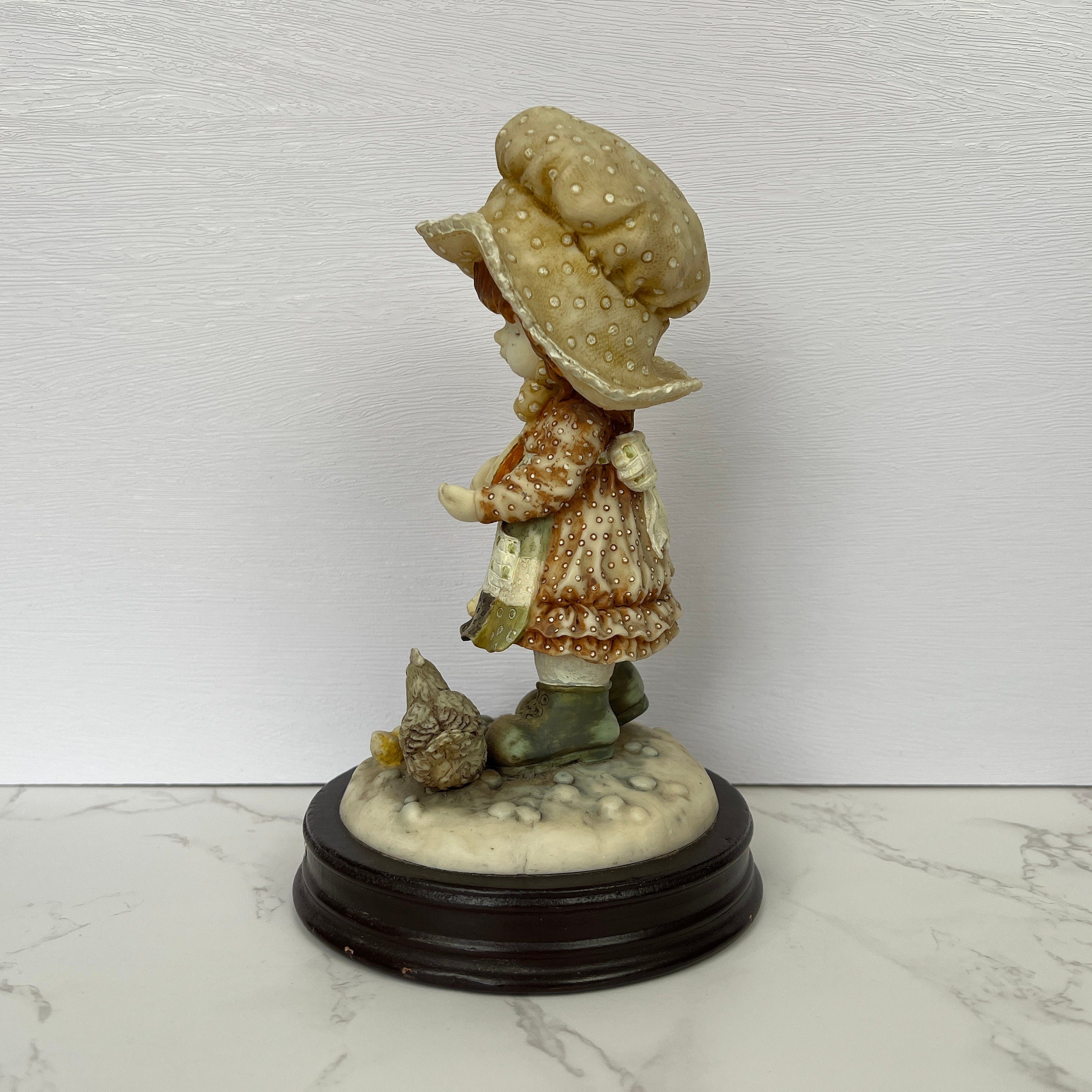 Vintage Anri Style Resin Figurine, Girl Feeding Chickens, The Bond Street Collection