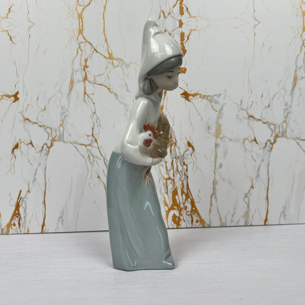 Lladro Porcelain Figurine Farm Girl with Rooster 4677