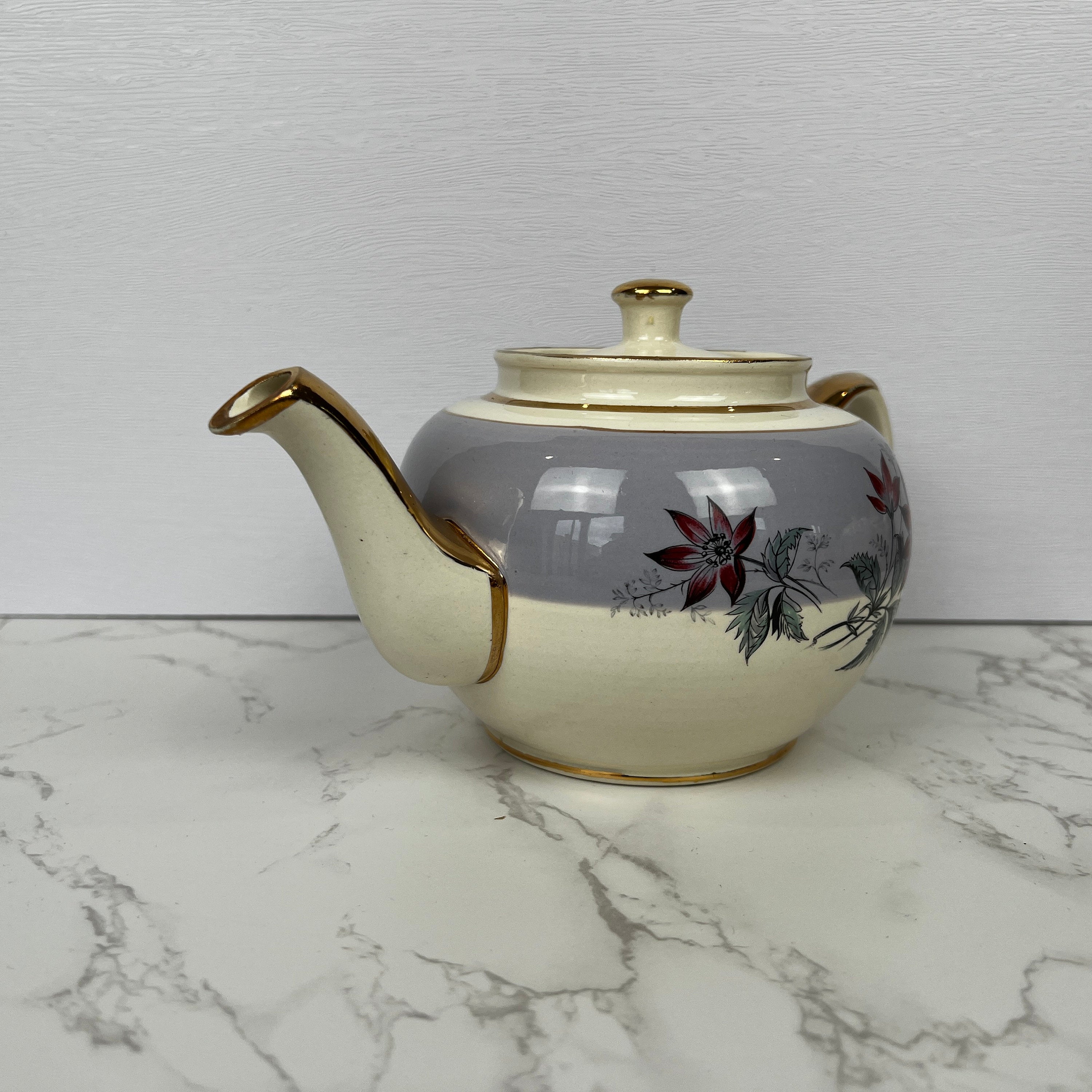 Vintage Sadler Teapot, Floral Lilac and Gold, Made in England