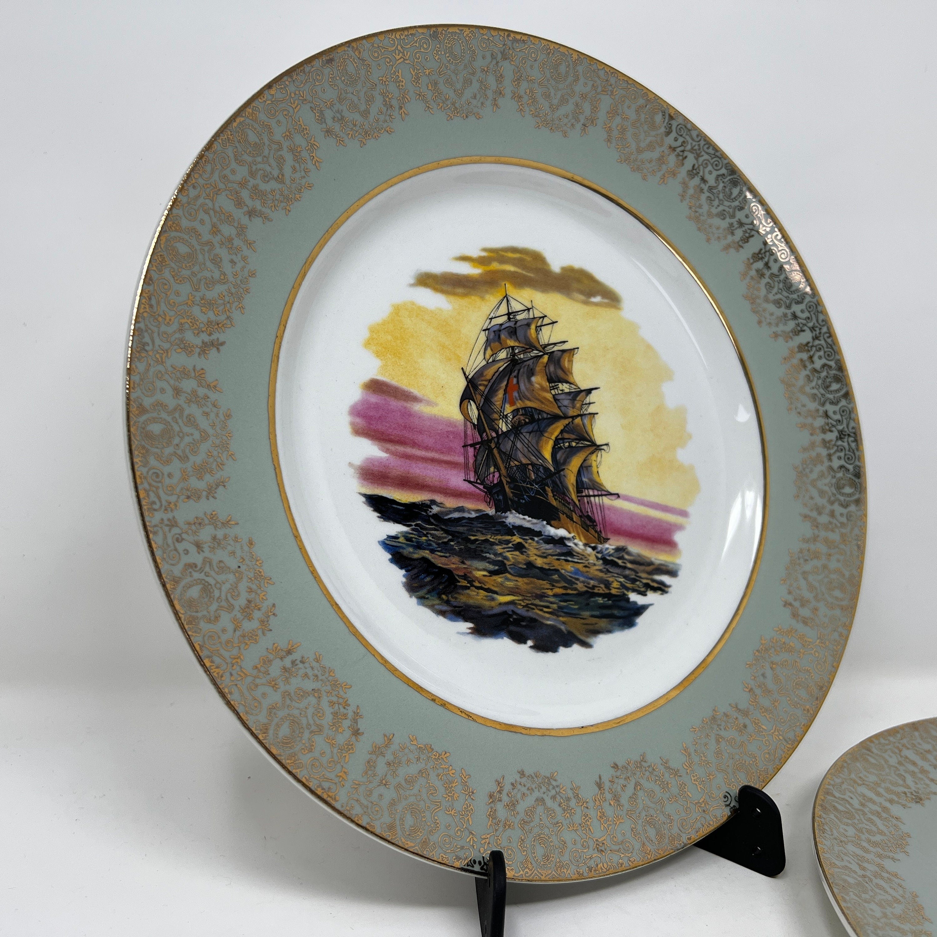 Vintage Grindley Ship Plate, Staffordshire Ironstone, Gold Trim