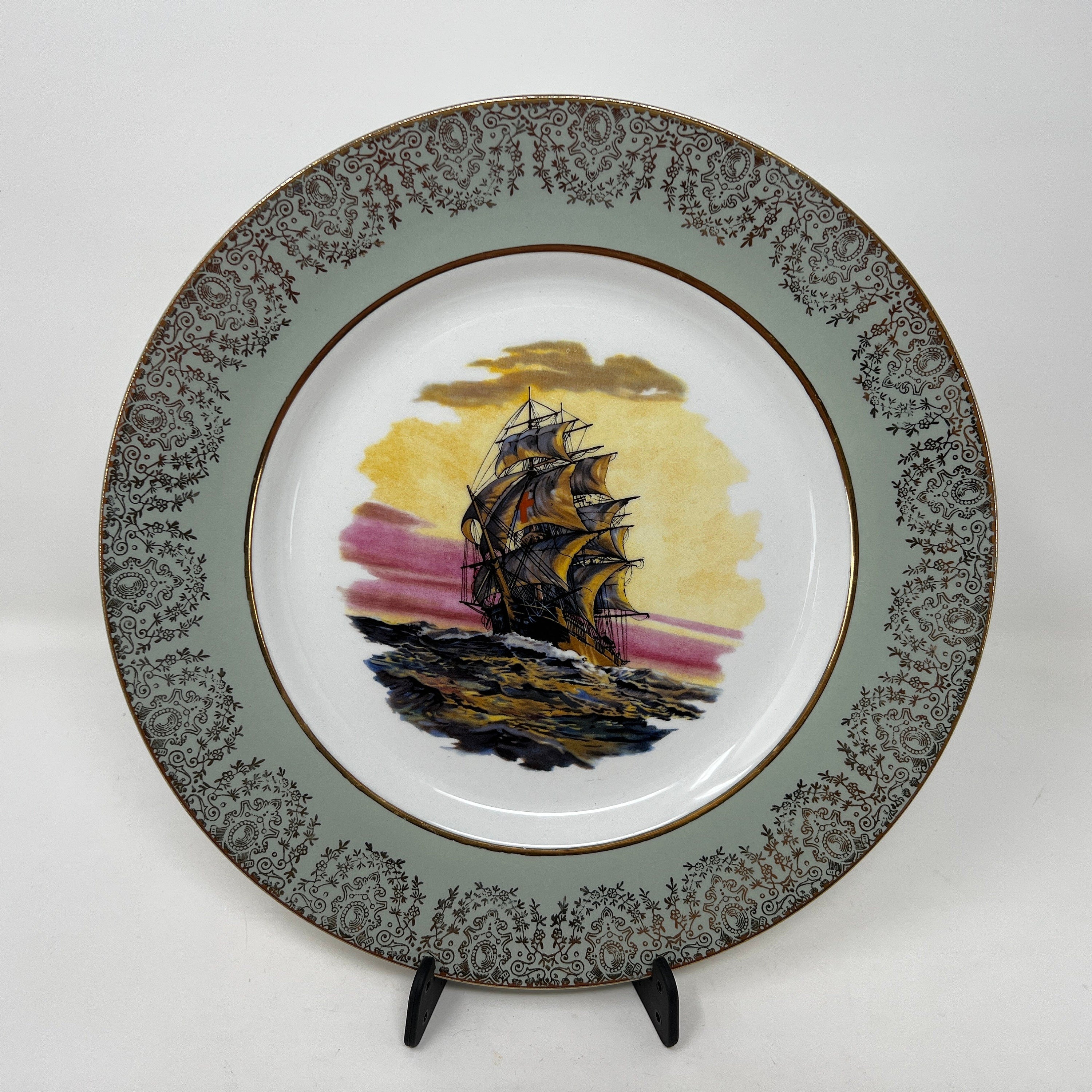Vintage Grindley Ship Plate, Staffordshire Ironstone, Gold Trim