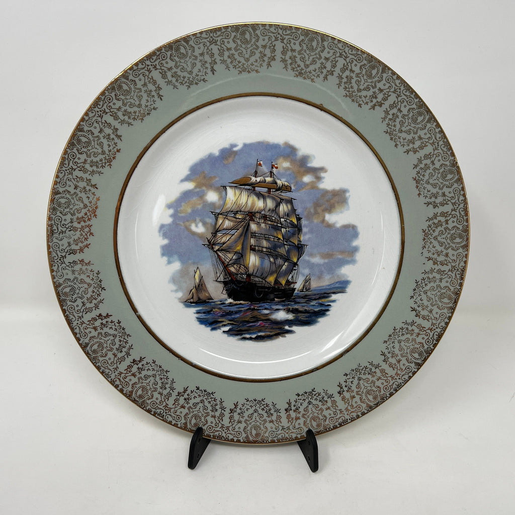 Vintage Grindley Ship Plate, Staffordshire Ironstone, Gold Trim