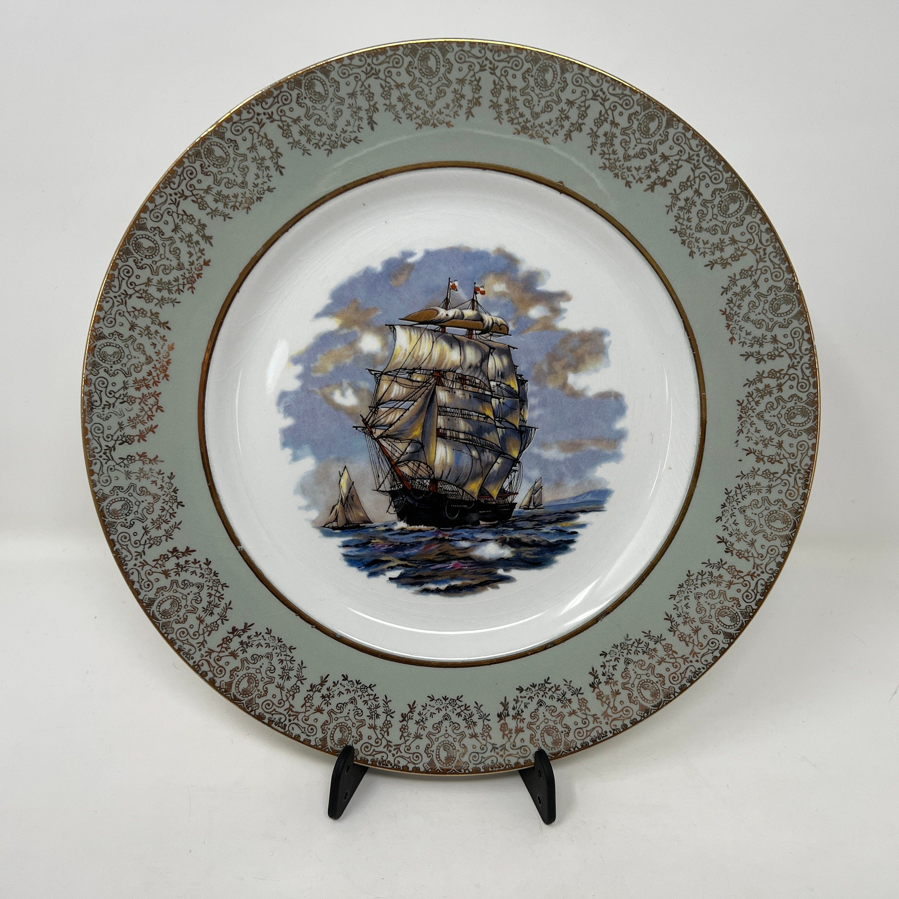 Vintage Grindley Ship Plate, Staffordshire Ironstone, Gold Trim
