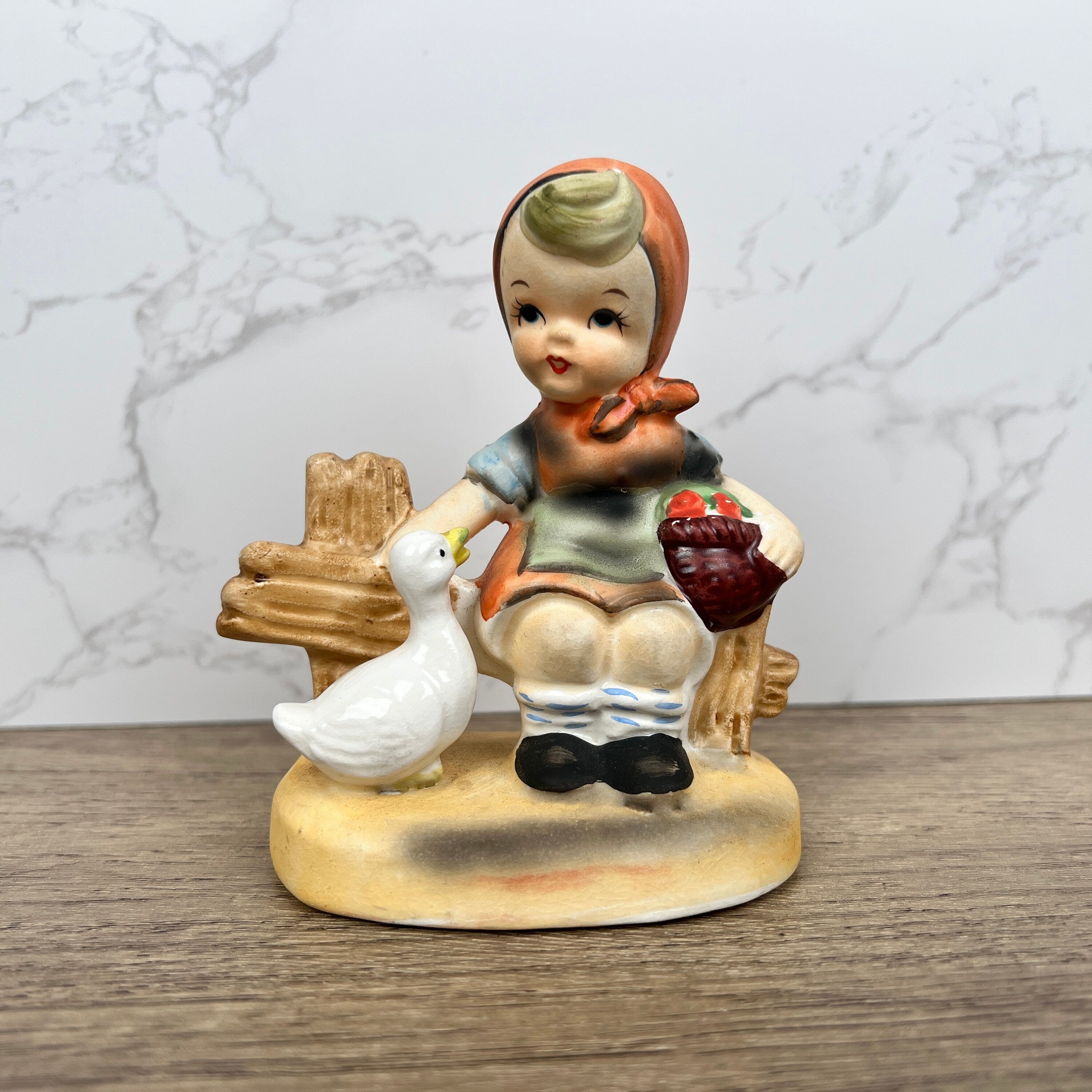 Hummel Style Girl Feeding Duck Figurine, Hand Painted Porcelain Decor