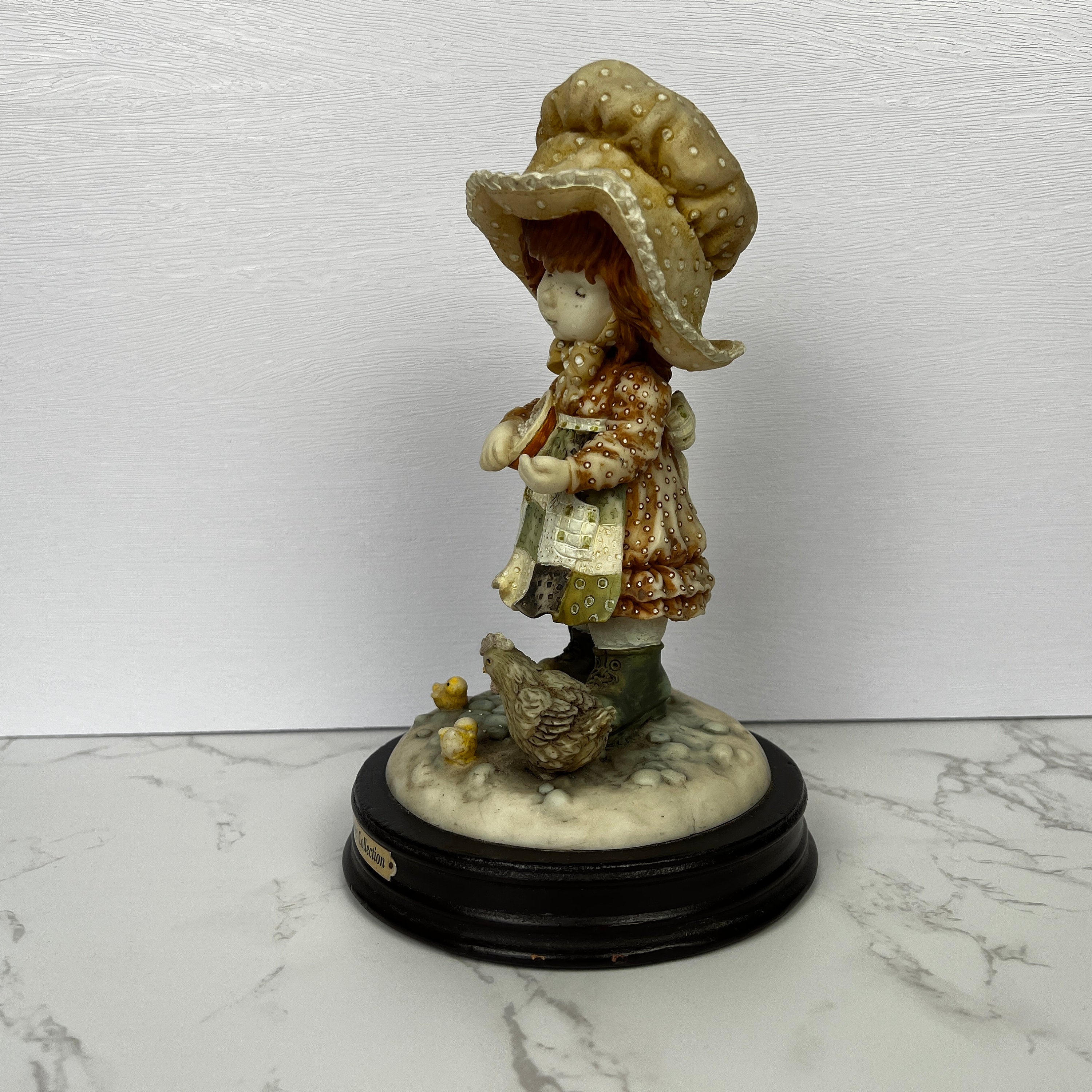 Vintage Anri Style Resin Figurine, Girl Feeding Chickens, The Bond Street Collection