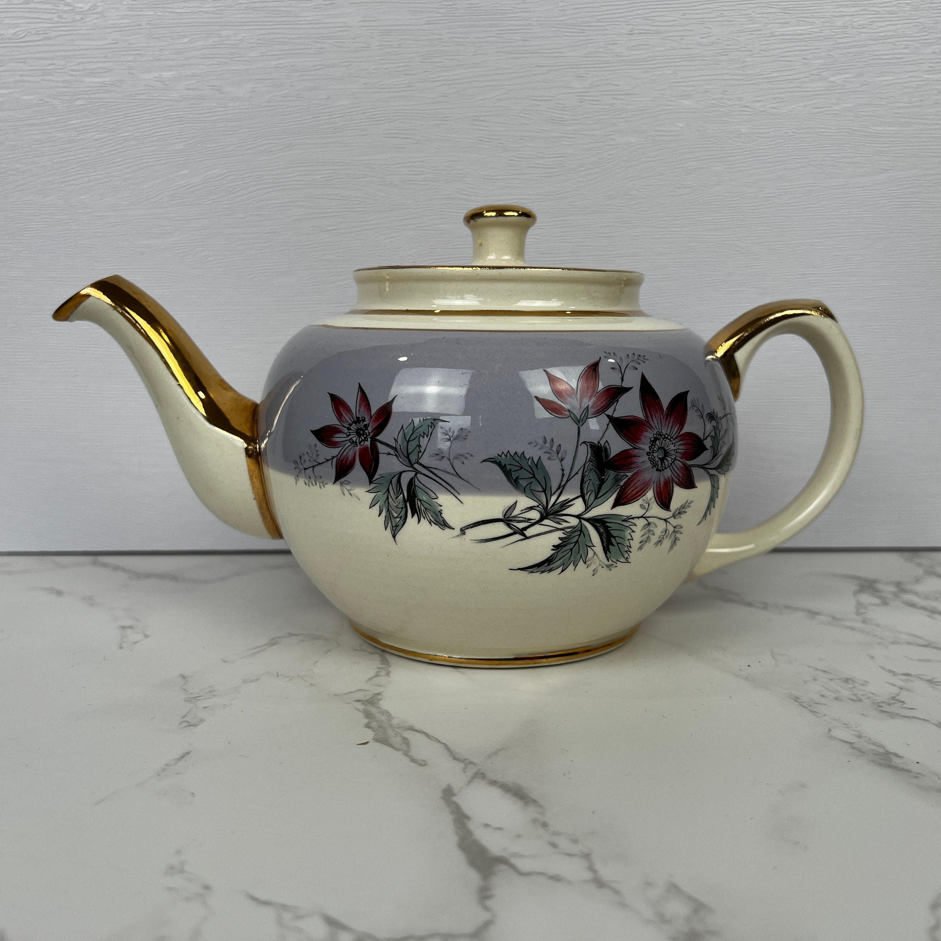 Vintage Sadler Teapot, Floral Lilac and Gold, Made in England
