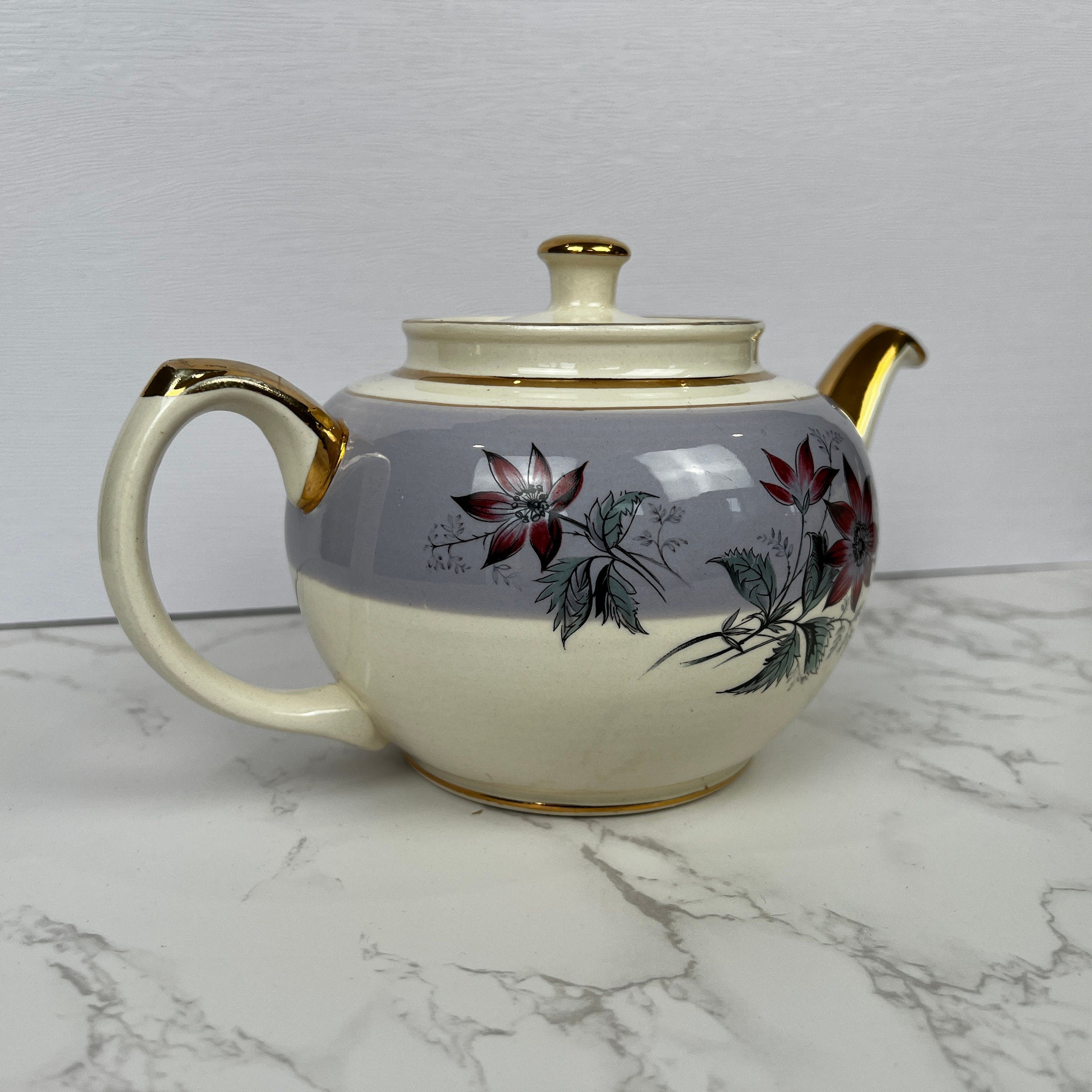 Vintage Sadler Teapot, Floral Lilac and Gold, Made in England