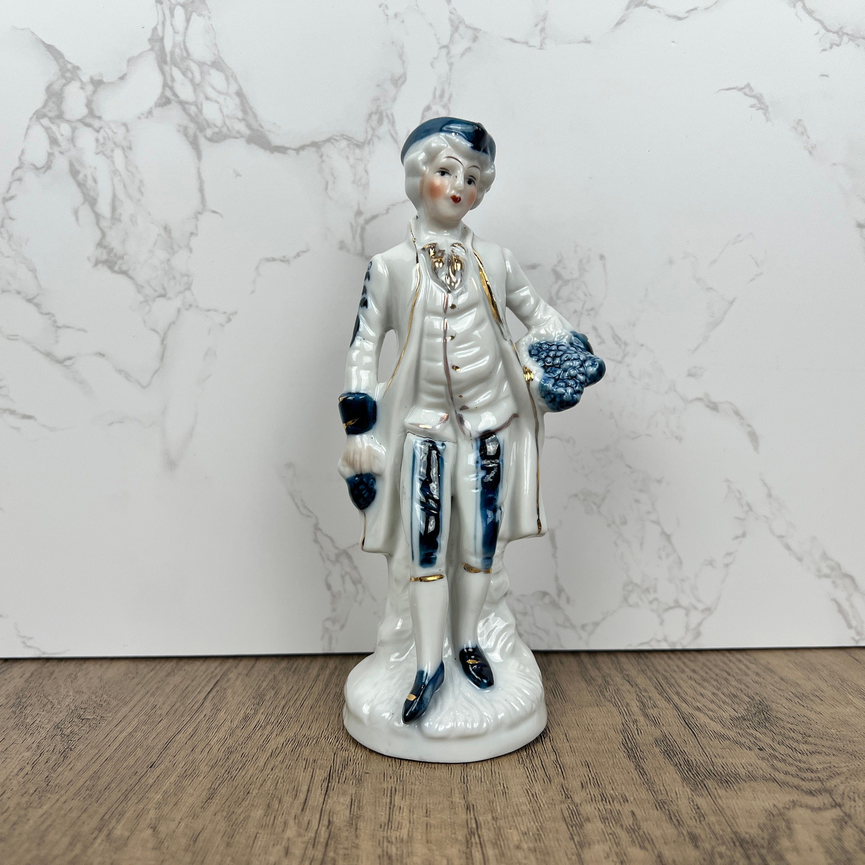 Vintage Victorian Style Porcelain Figurine, Man with Grapes, Collector's Ornament