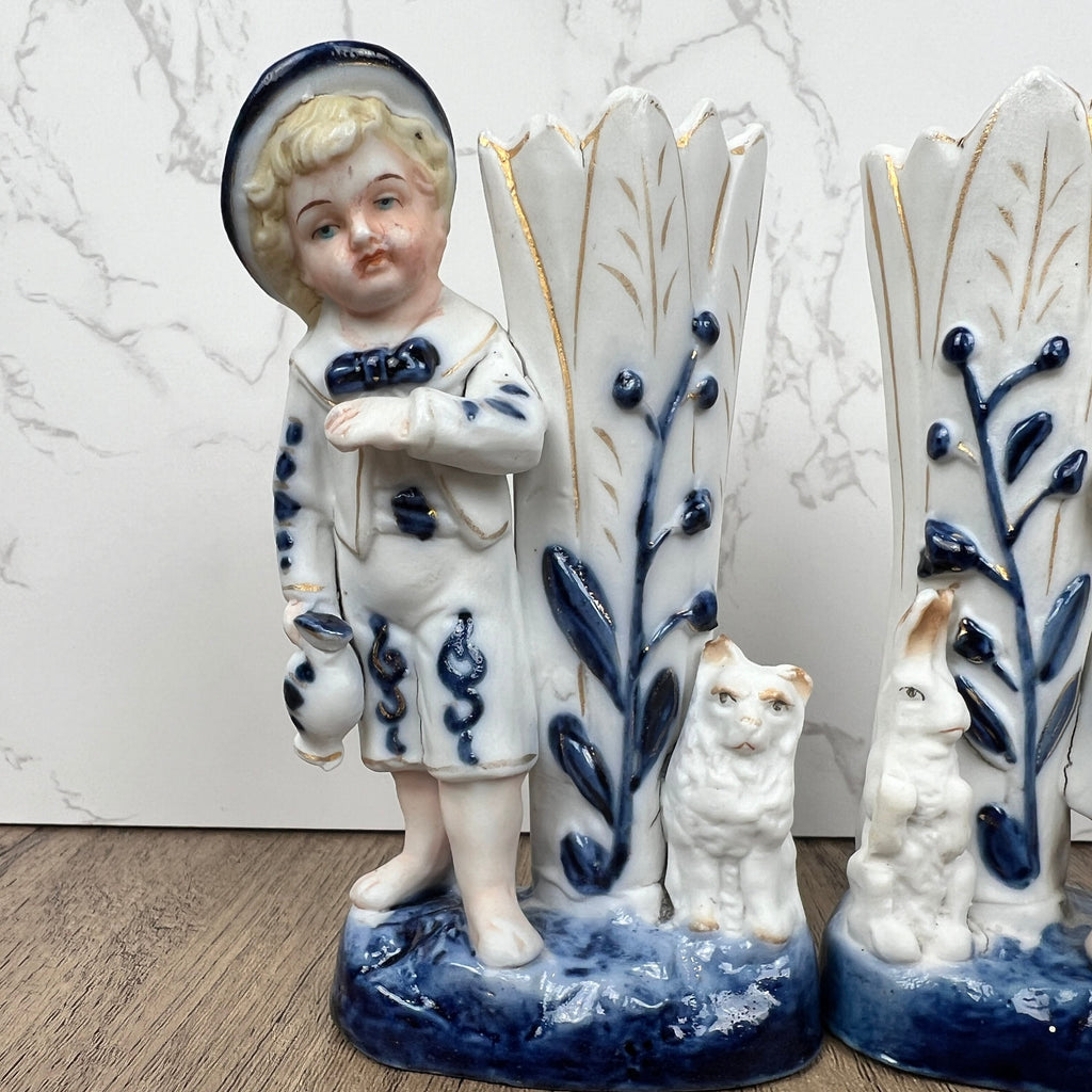 Vintage Porcelain Figurine Vase Pair, Boy and Girl with Animals