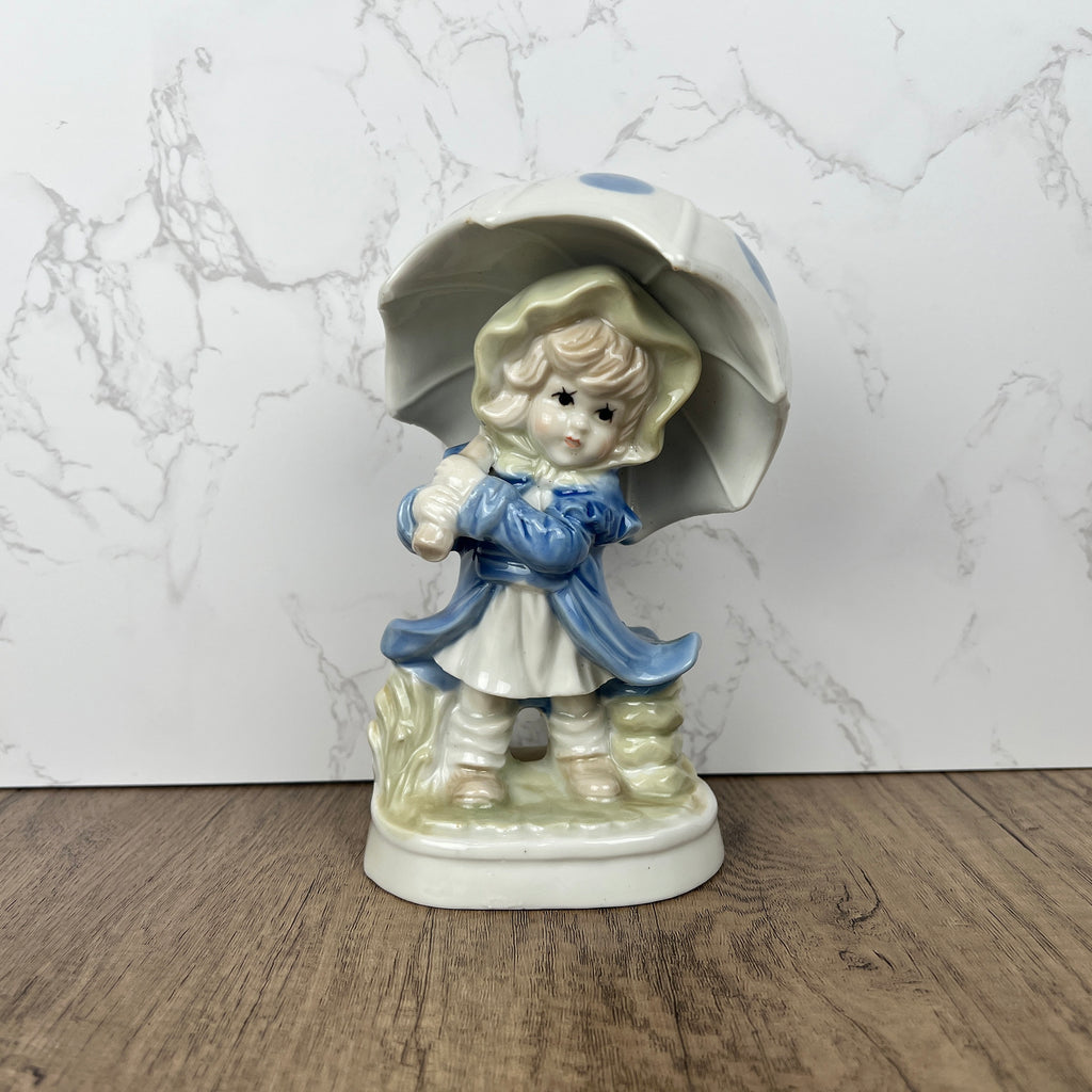 Vintage Porcelain Girl Figurine, Blue Polka Dot Umbrella