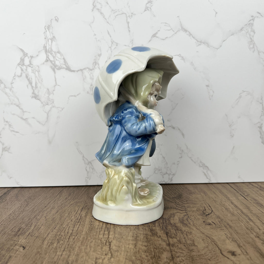 Vintage Porcelain Girl Figurine, Blue Polka Dot Umbrella