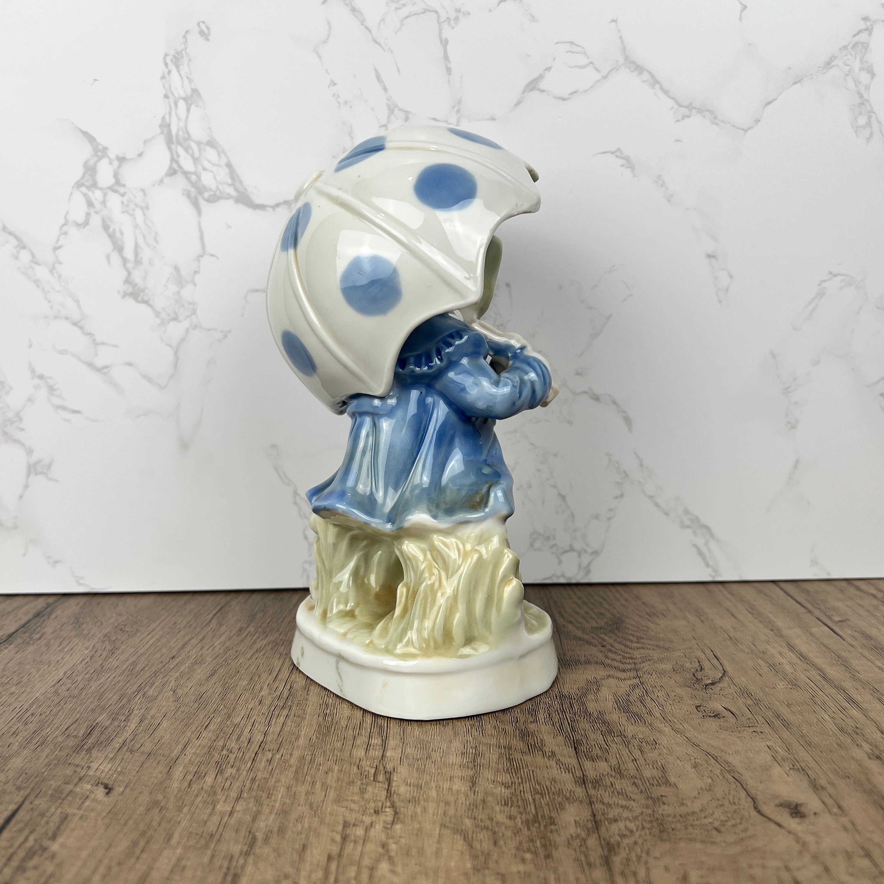 Vintage Porcelain Girl Figurine, Blue Polka Dot Umbrella