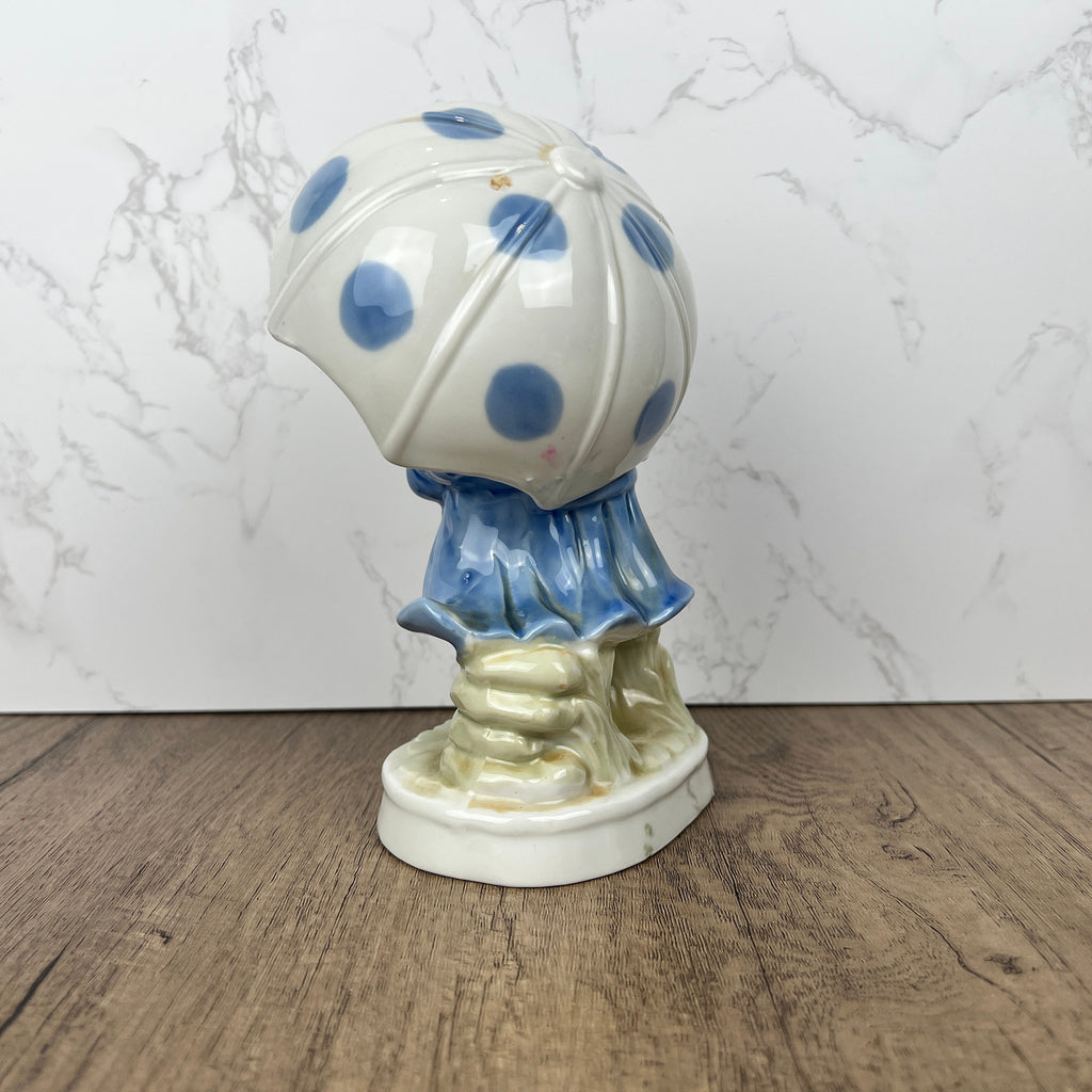 Vintage Porcelain Girl Figurine, Blue Polka Dot Umbrella