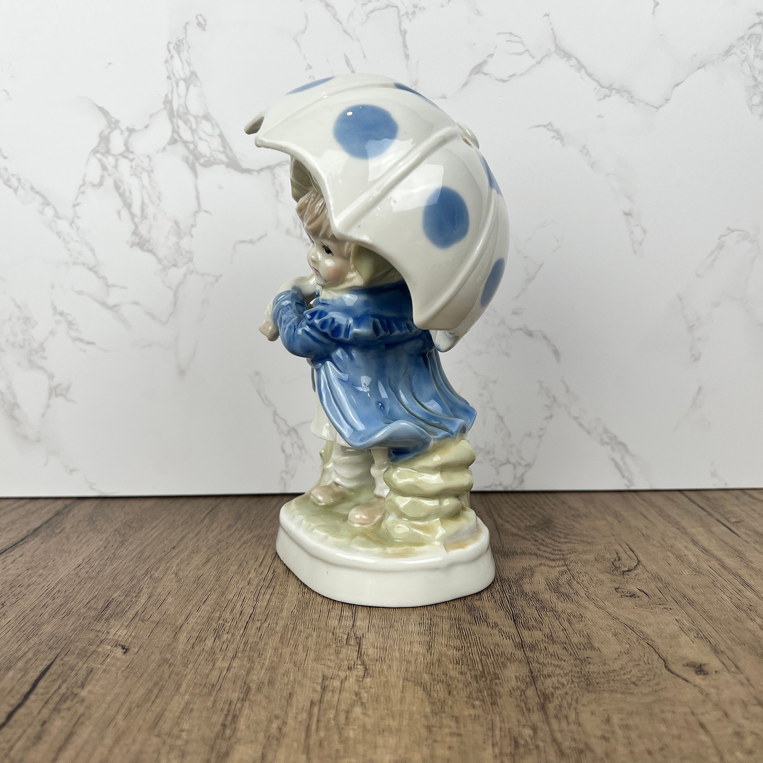 Vintage Porcelain Girl Figurine, Blue Polka Dot Umbrella