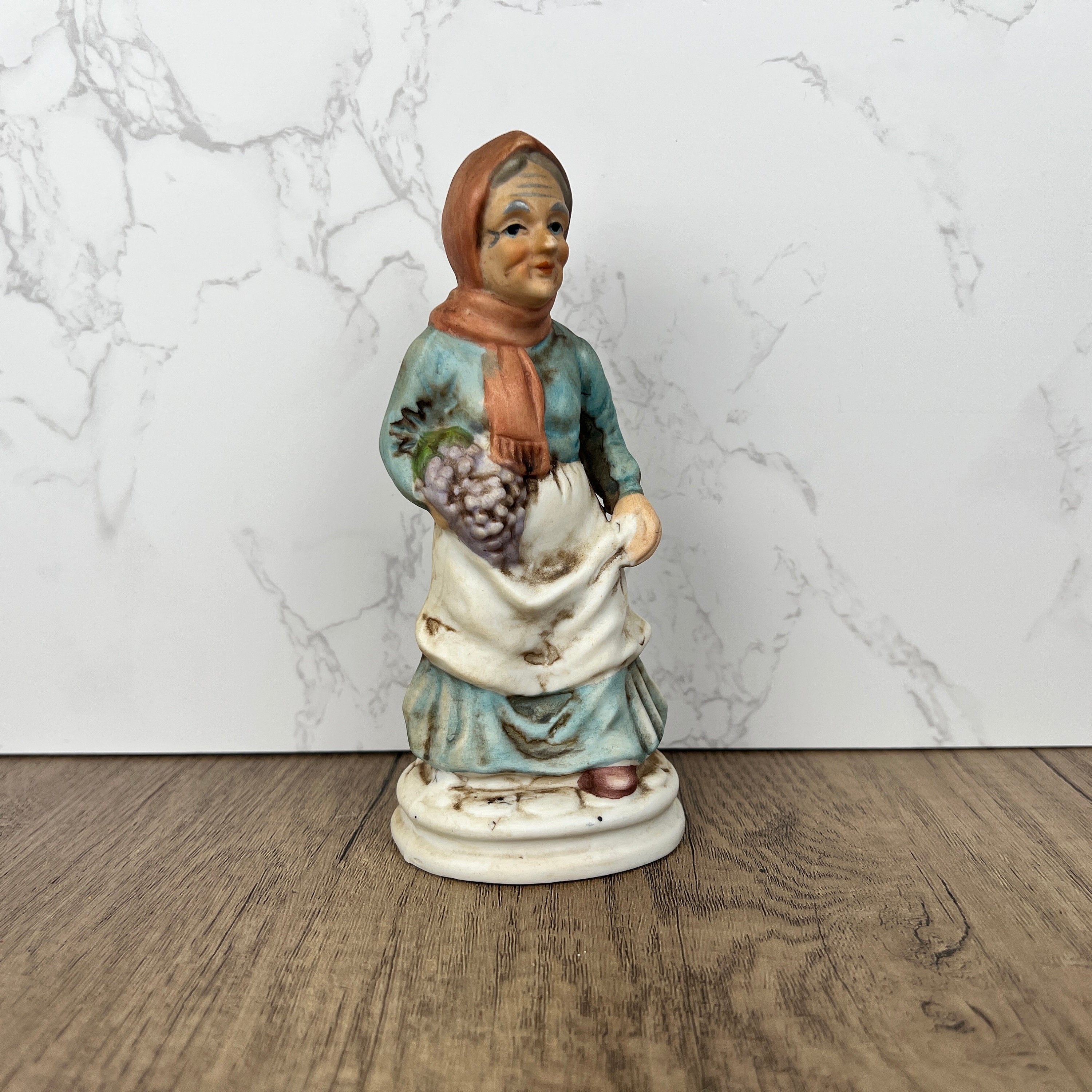 Vintage Old Woman with Grapes Figurine, Home Decor Gift