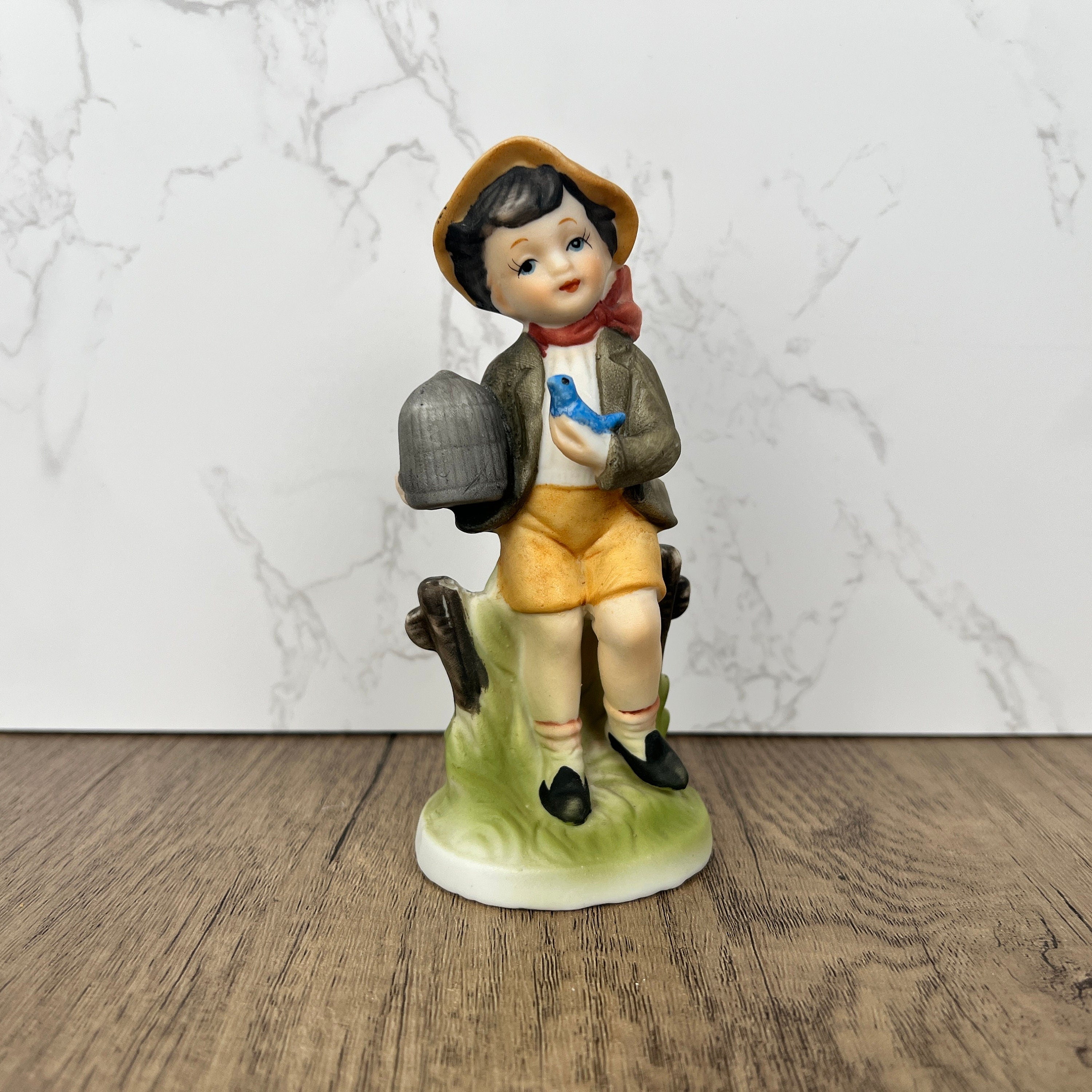 Hummel Style Boy with Bluebird and Cage, Vintage Porcelain Figurine